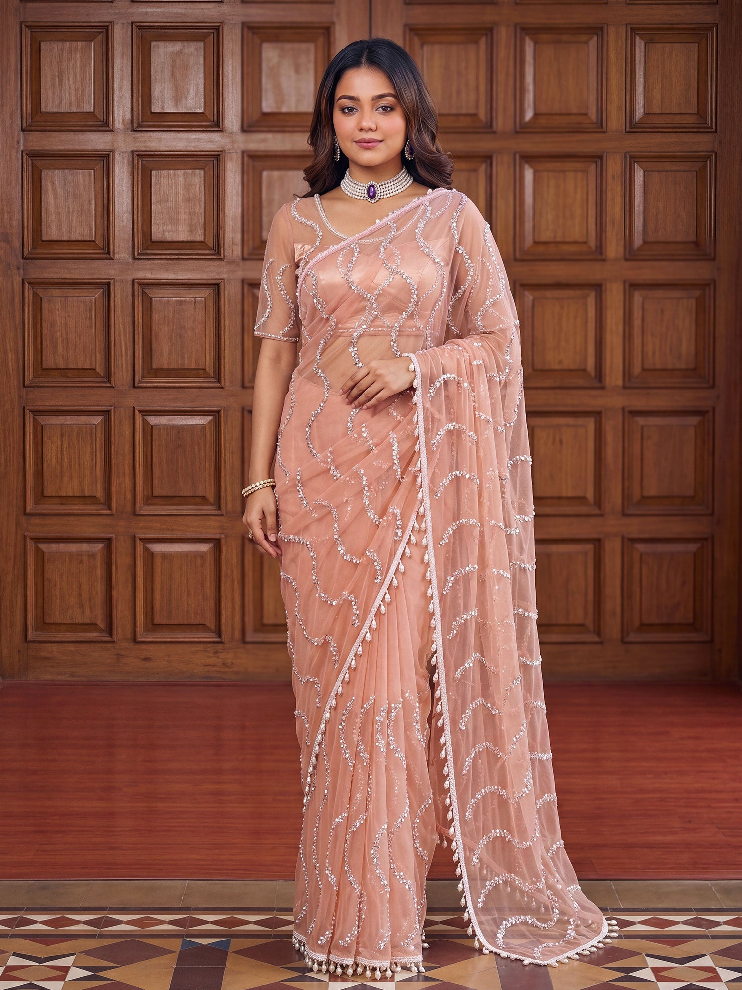 Peach Hand Work Embroidered Saree In Net