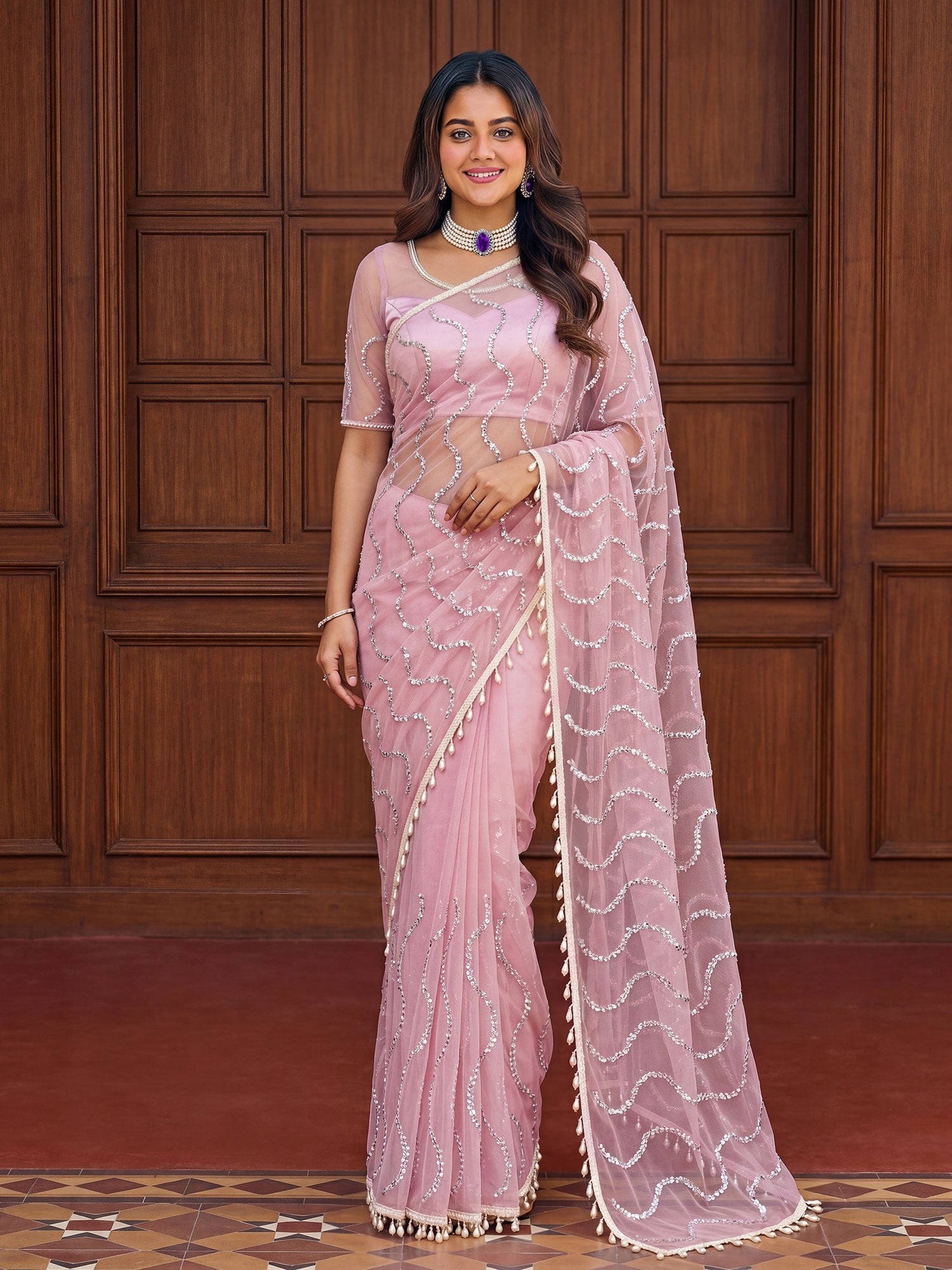 Pink Bridesmaid Net Saree In Hand Work