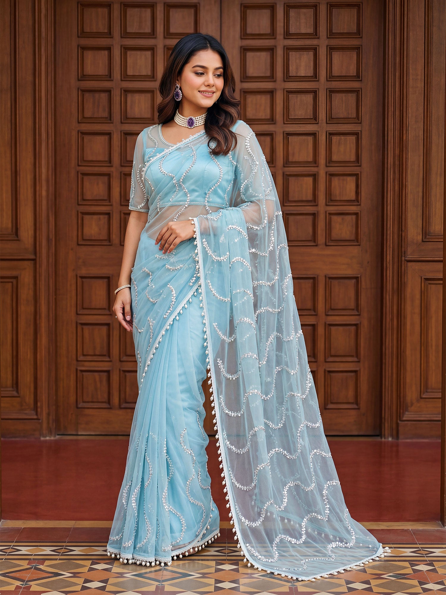 Blue Heavy Hand Work Embroidered Net Saree