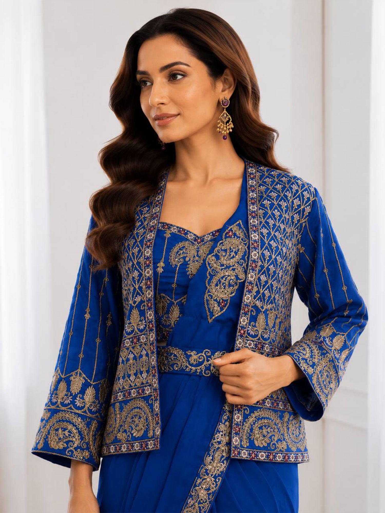 Blue Embroidered Saree With Upper Jacket
