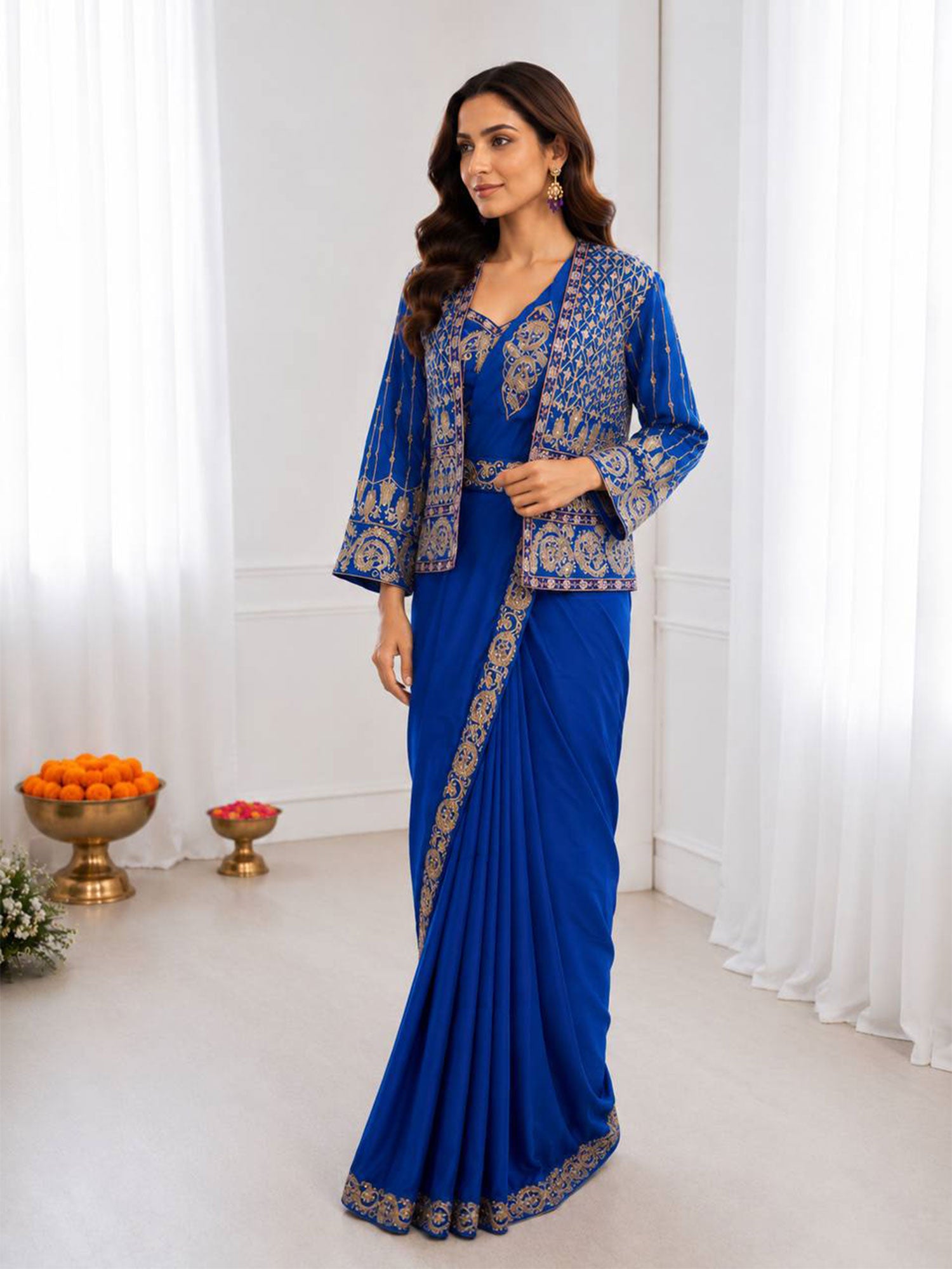 Blue Embroidered Saree With Upper Jacket