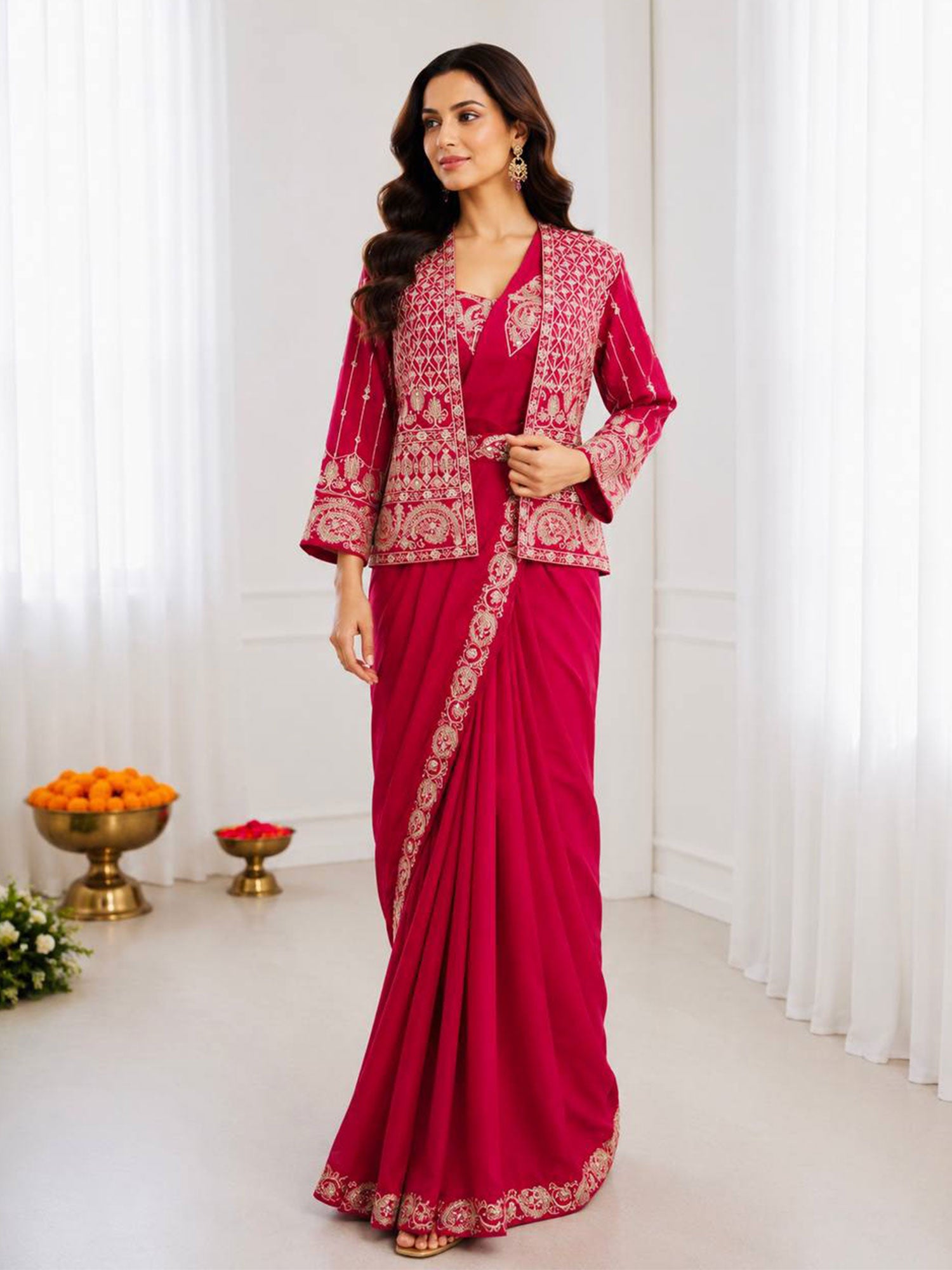 Rani Pink Pre-Stitched Wedding Saree