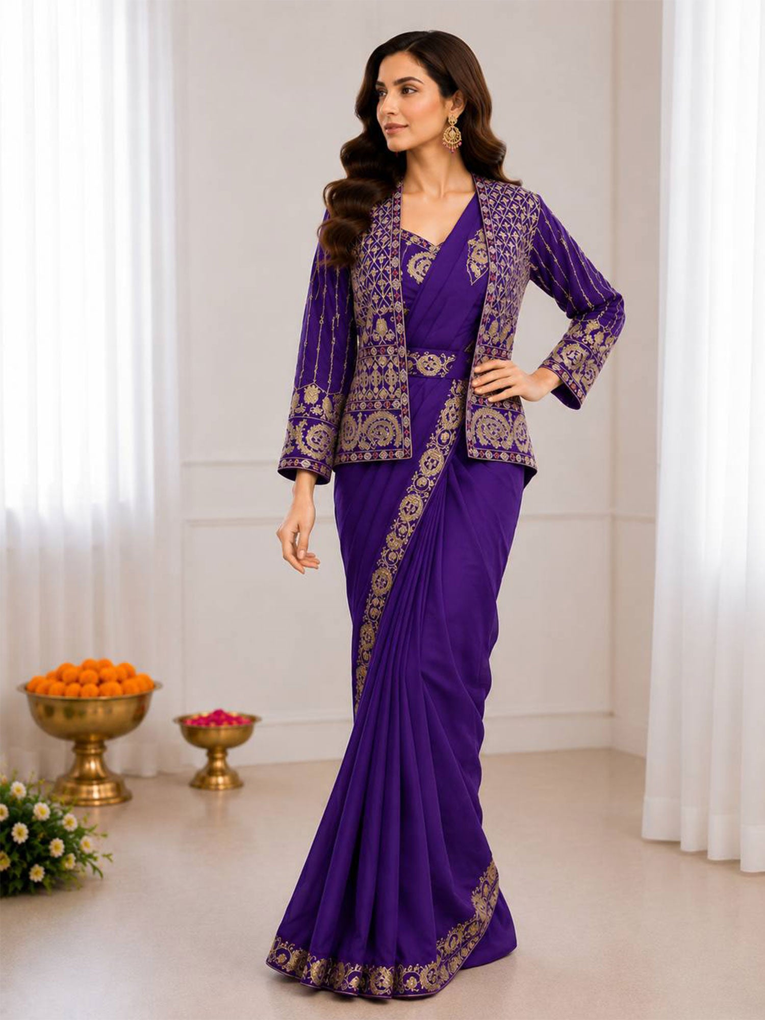 Purple Pre-Stitched Bridesmaid Saree With Jacket