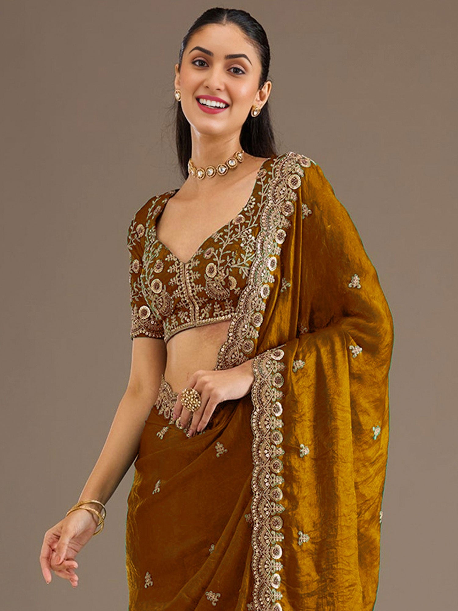 Golden Party Wear Saree In Tissue Silk