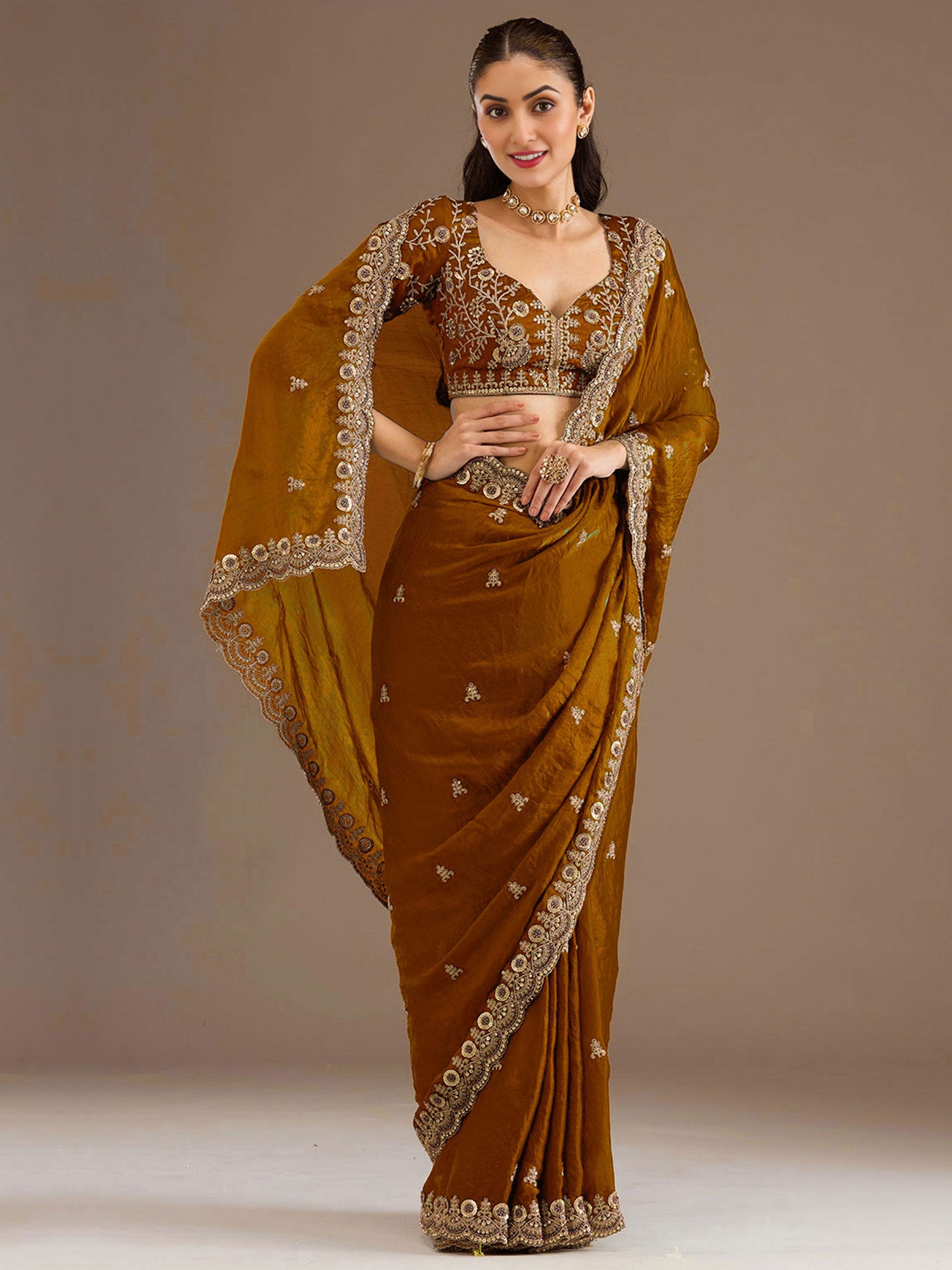 Golden Party Wear Saree In Tissue Silk