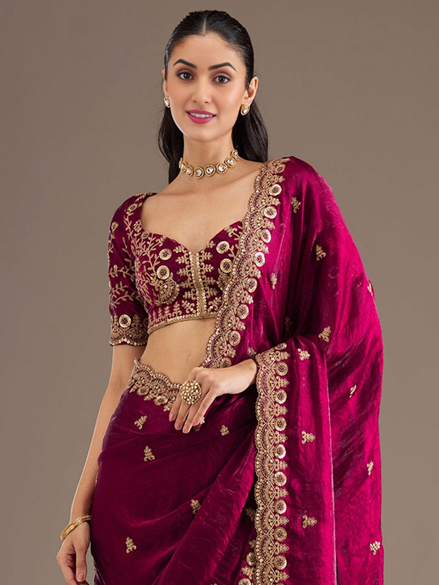 Magenta Silk Saree With Zari Embroidered Borders