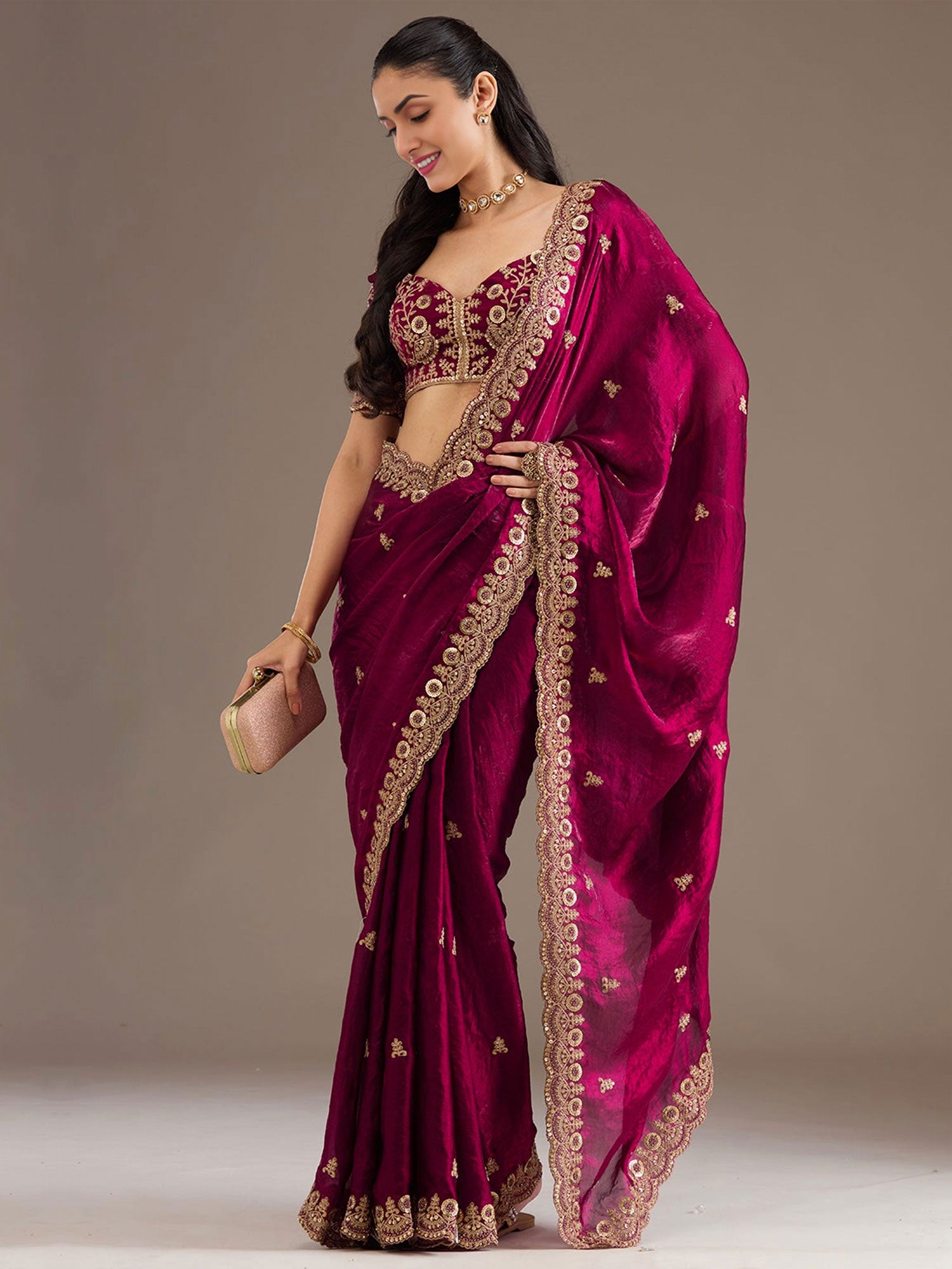 Magenta Silk Saree With Zari Embroidered Borders