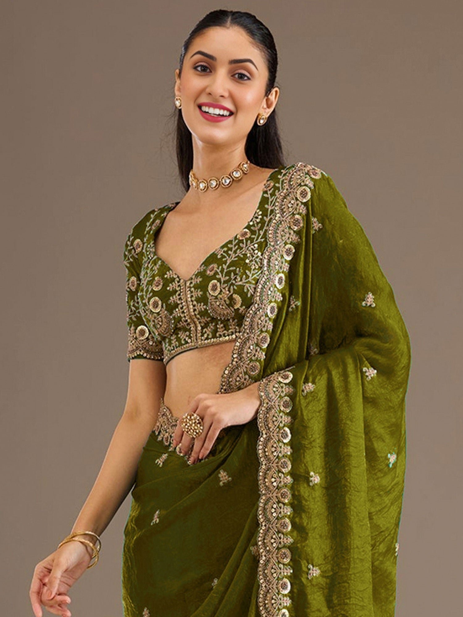 Olive Green Zari Work Bridesmaid Saree In Silk