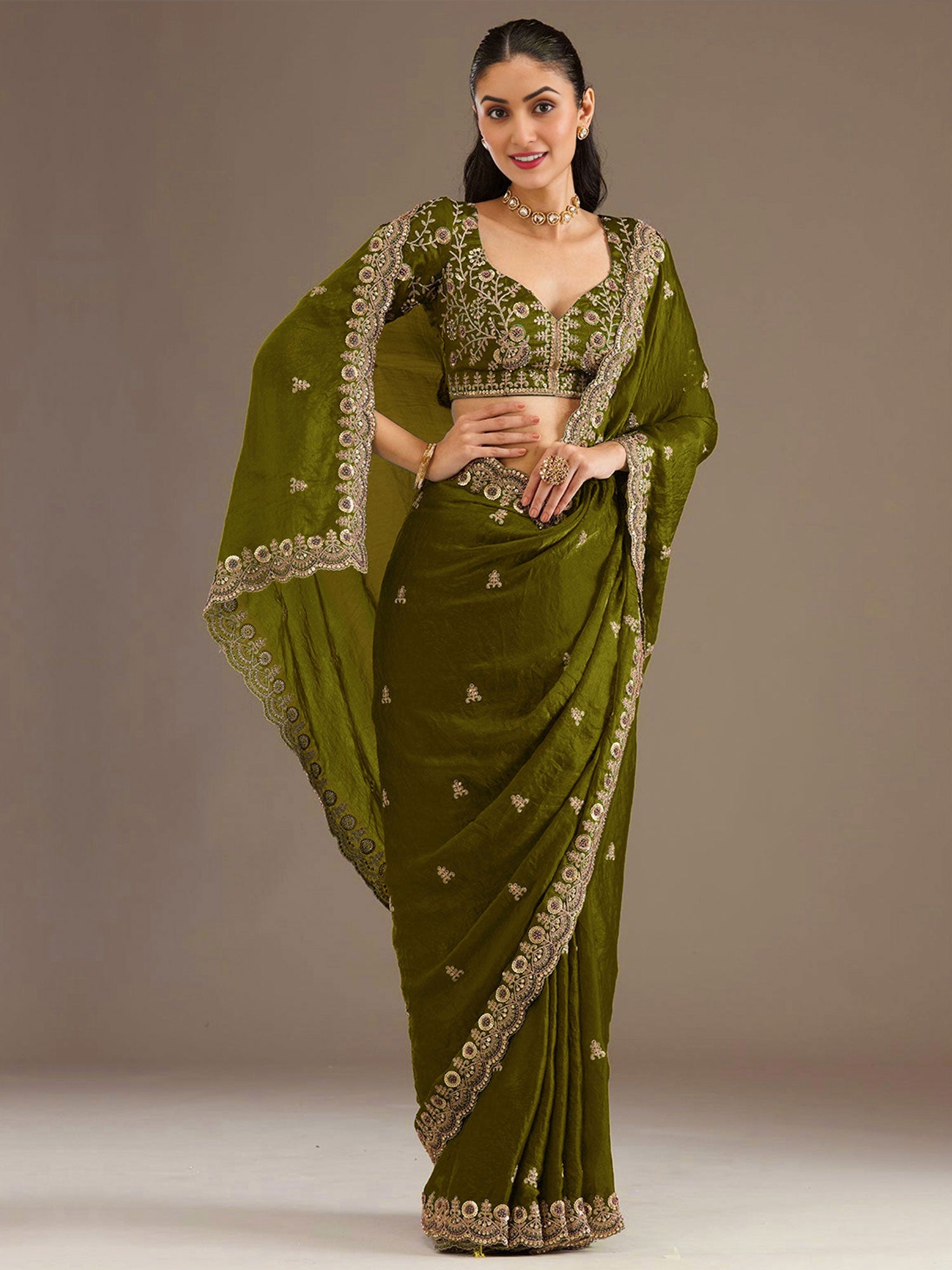 Olive Green Zari Work Bridesmaid Saree In Silk