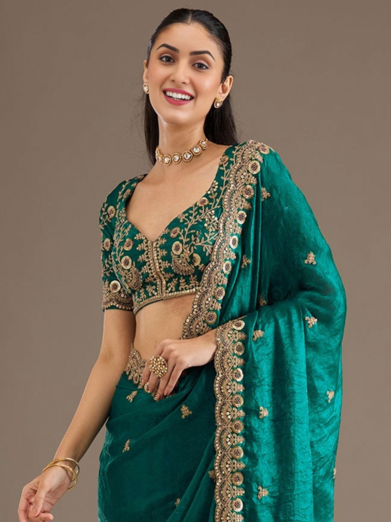 Rama Green Party Saree With Blouse In Silk