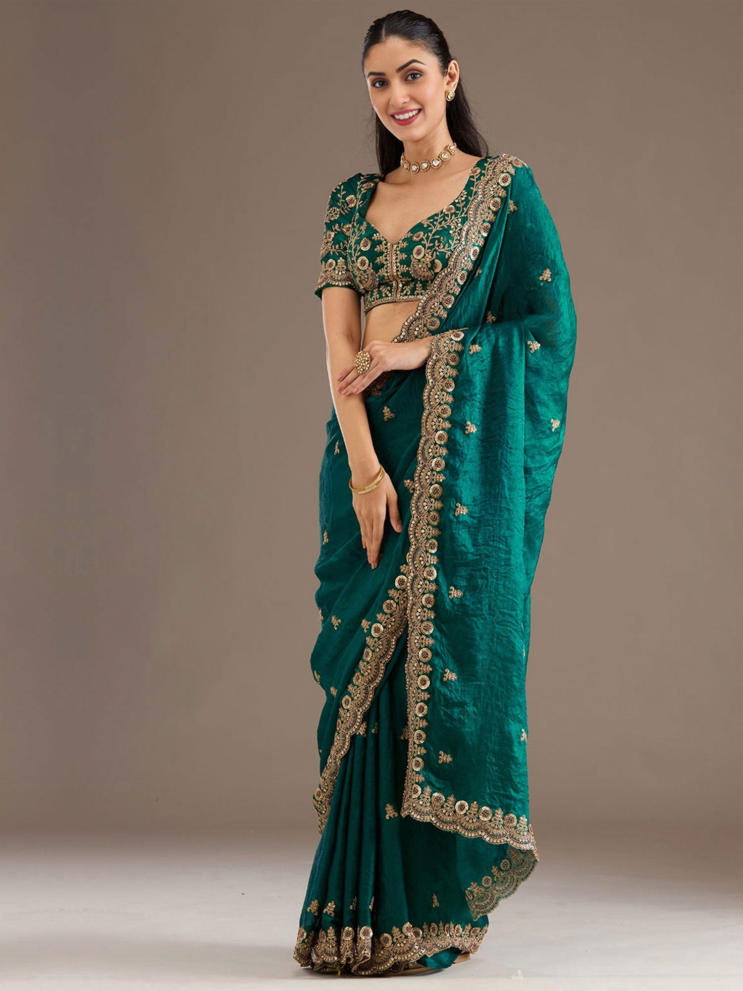 Rama Green Party Saree With Blouse In Silk