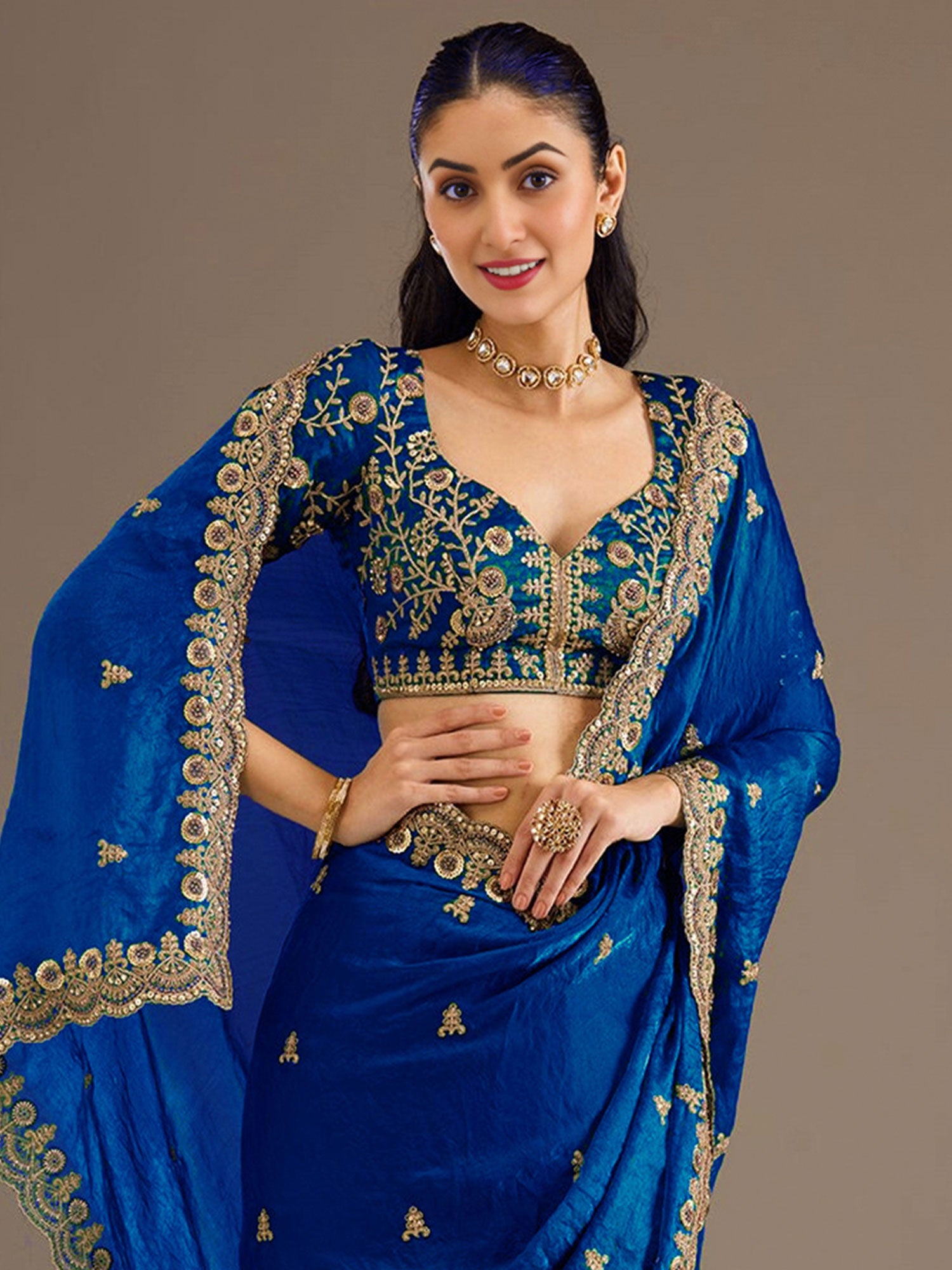 Royal Blue Floral Zari Work Silk Saree