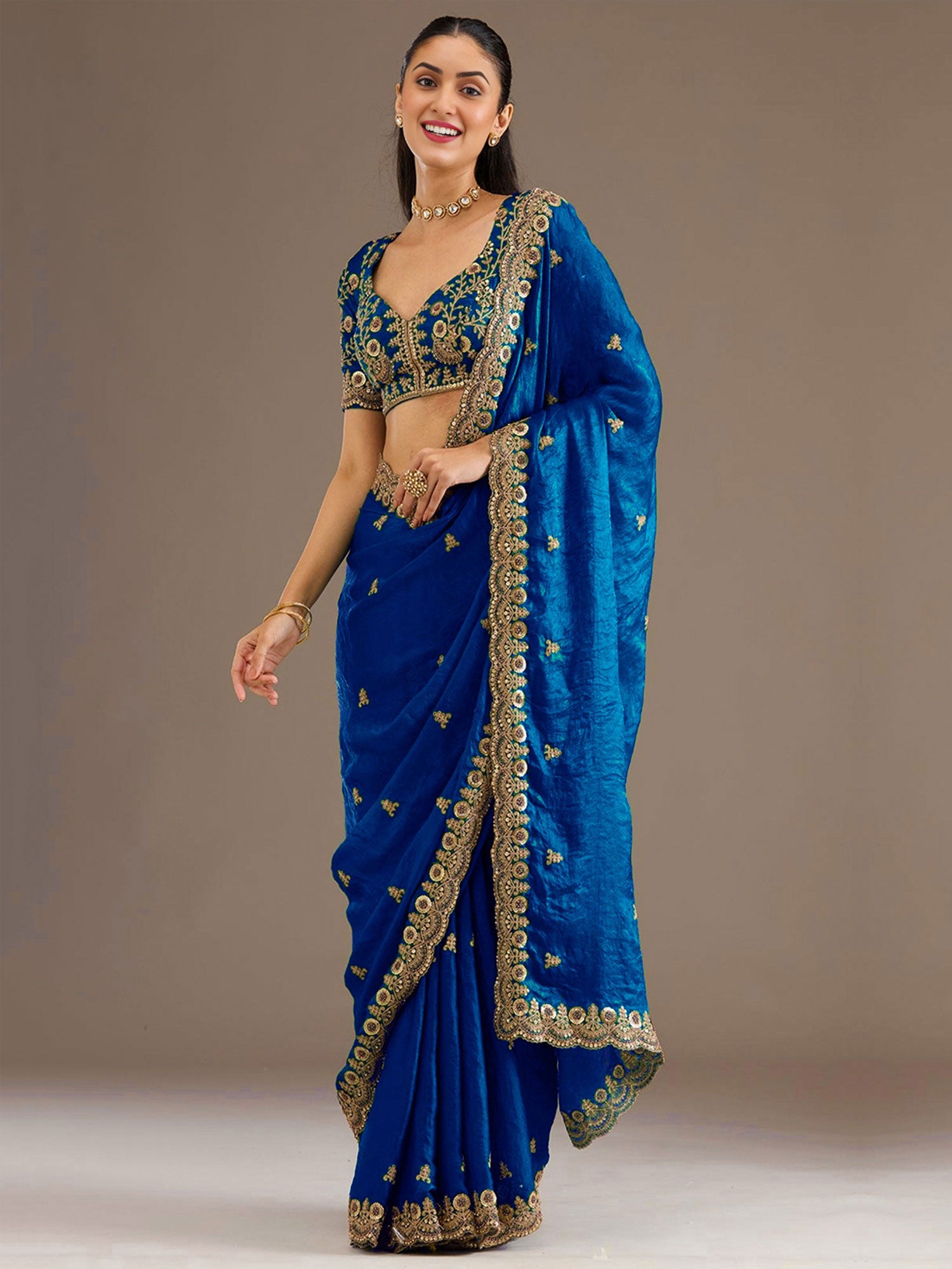 Royal Blue Floral Zari Work Silk Saree