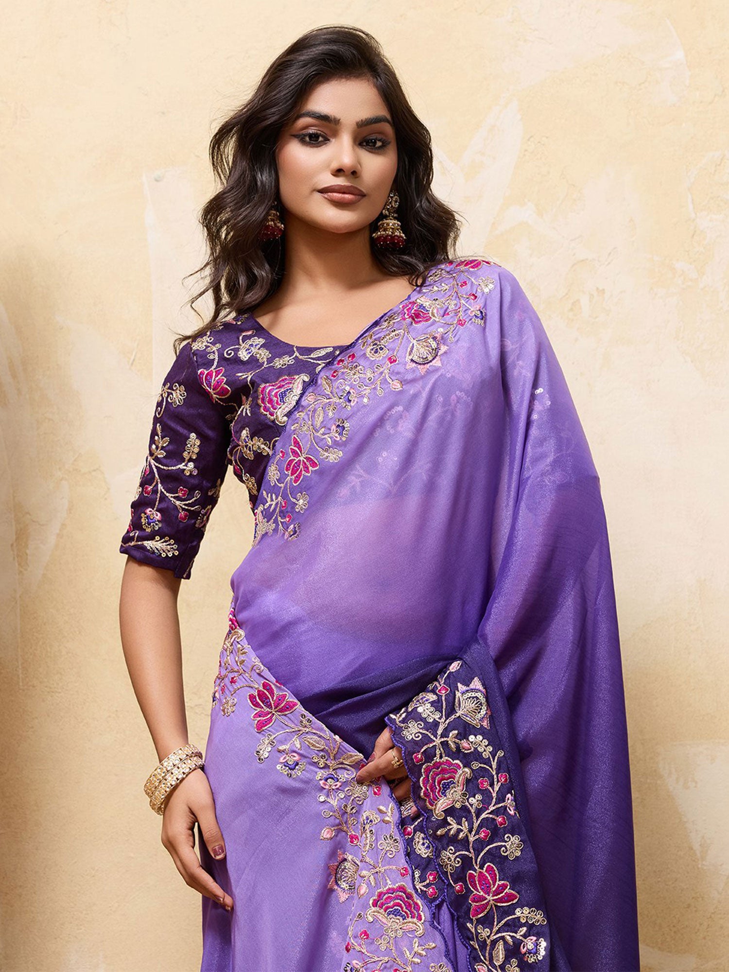 Purple Floral Thread Work Embellished Saree
