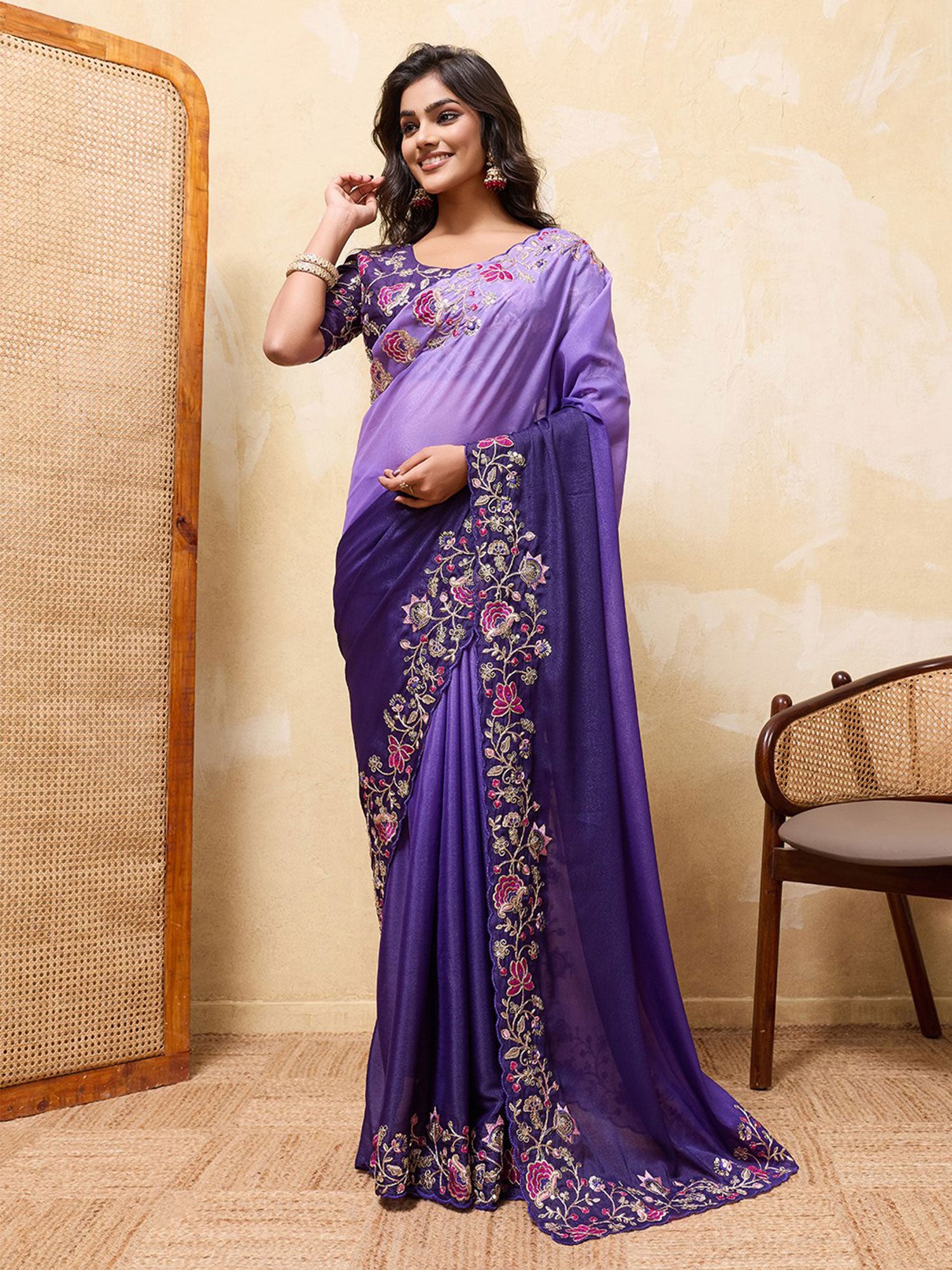 Purple Floral Thread Work Embellished Saree