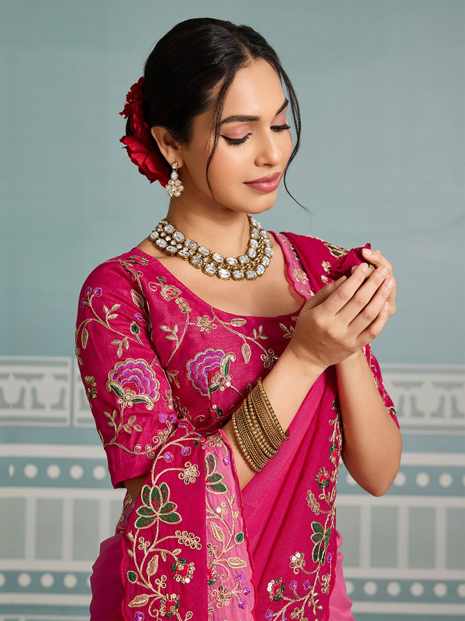 Pink Ombre Shaded Saree In Georgette