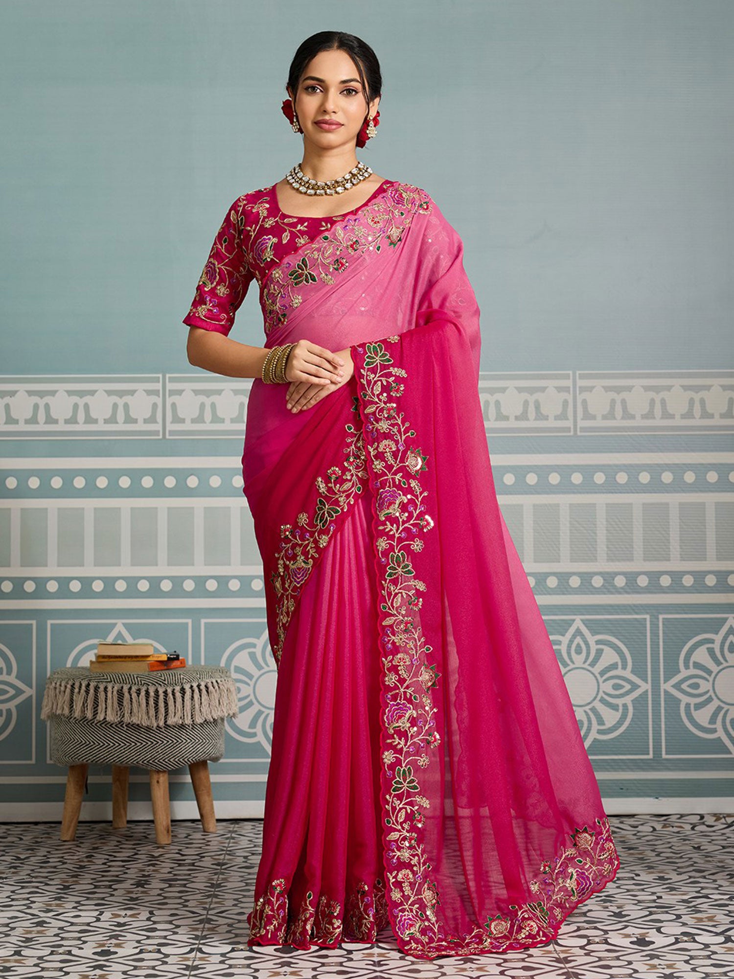 Pink Ombre Shaded Saree In Georgette