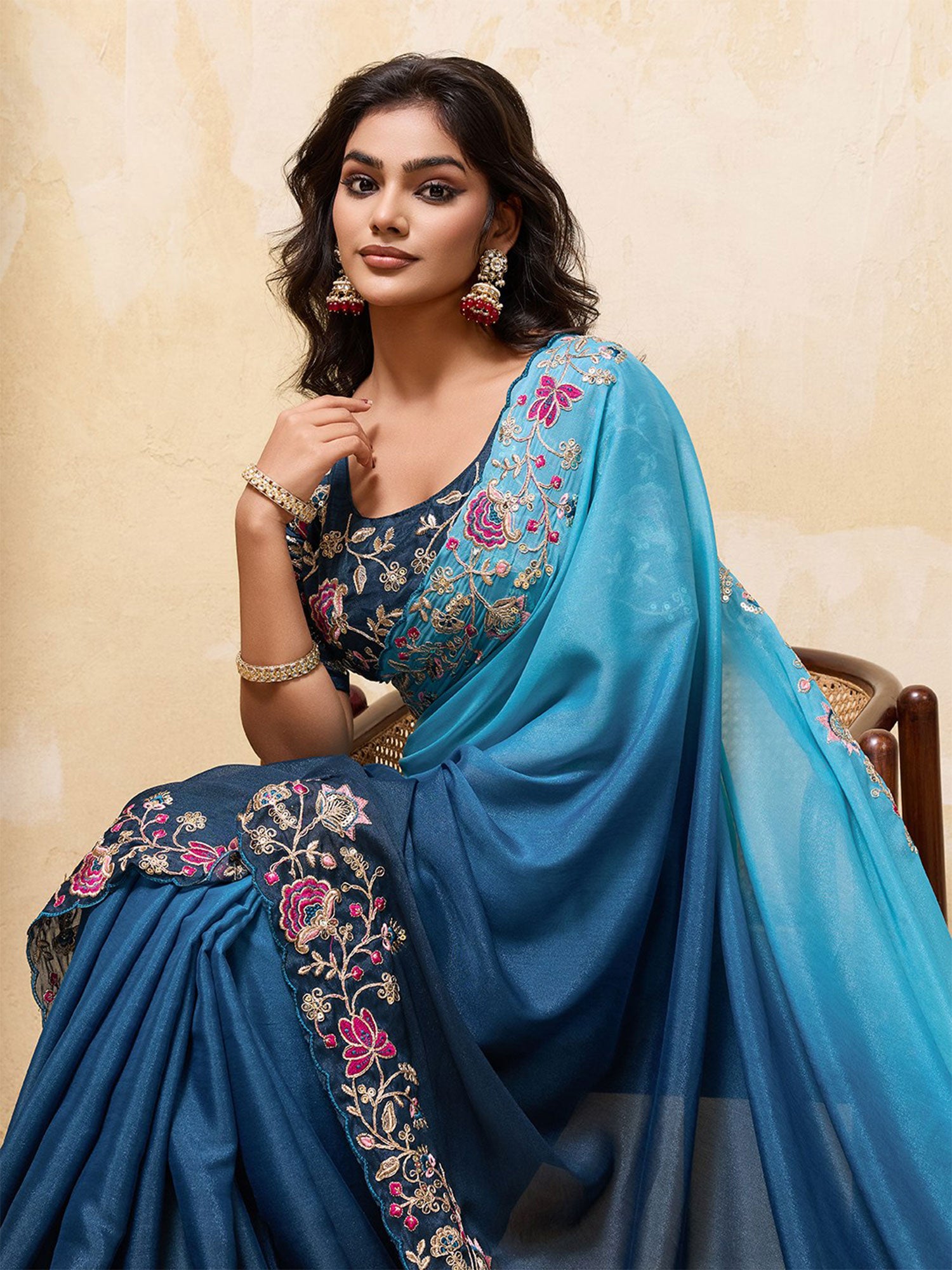 Blue Shaded Saree With Embroidered Borders
