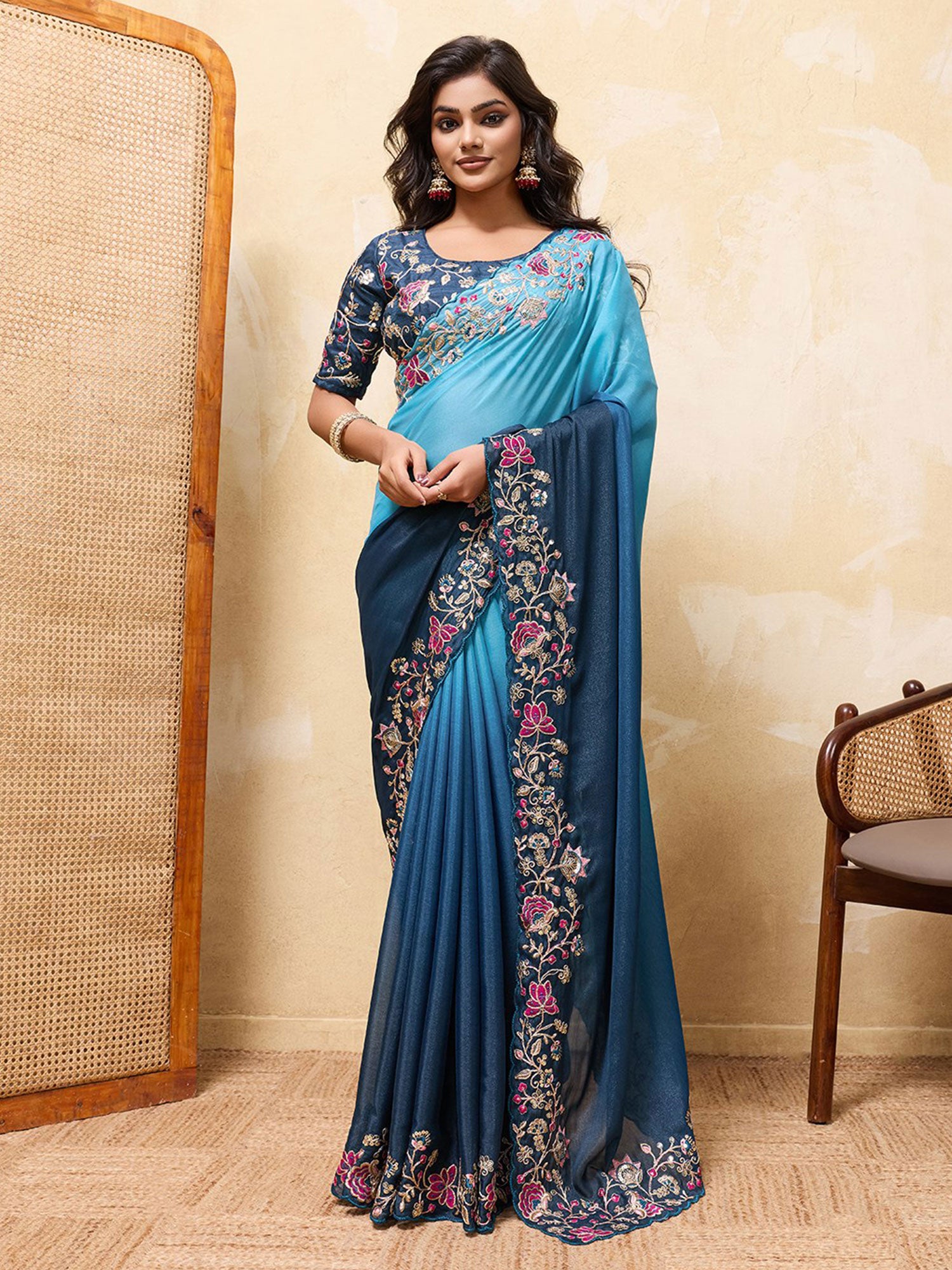 Blue Shaded Saree With Embroidered Borders