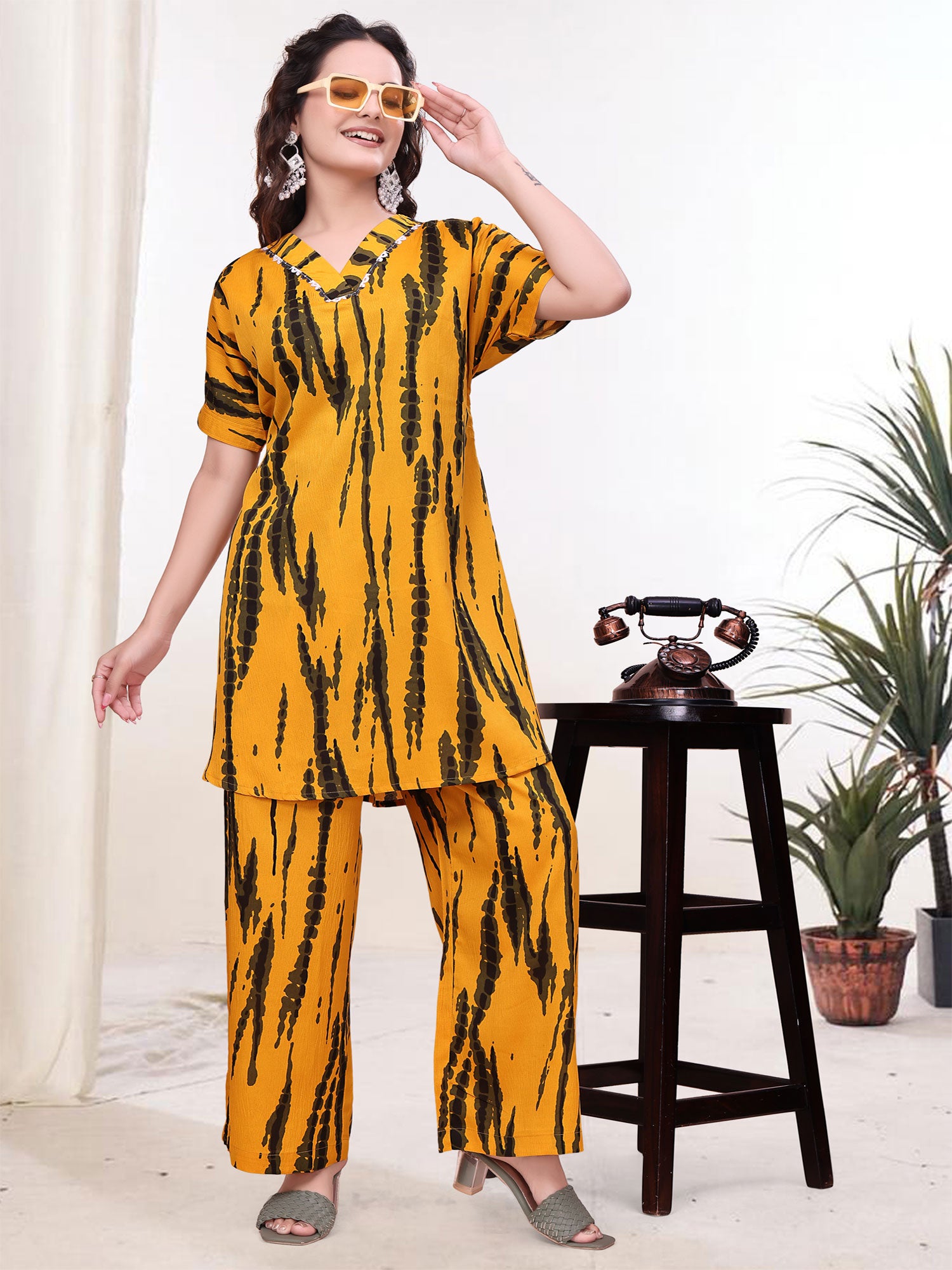 Yellow Party Wear Co- Ord Set In Print