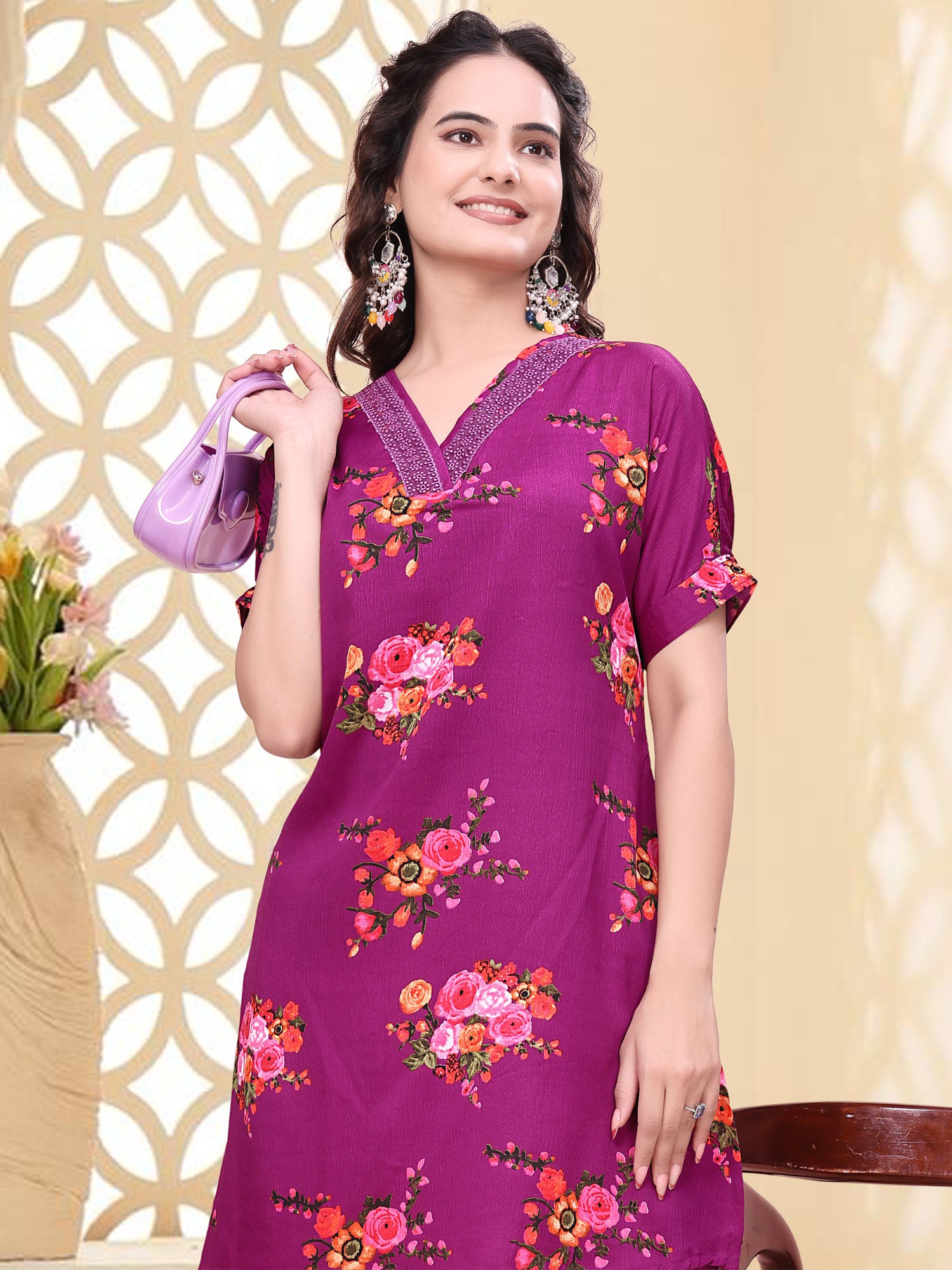 Purple Floral Printed Women's Co- Ord Set
