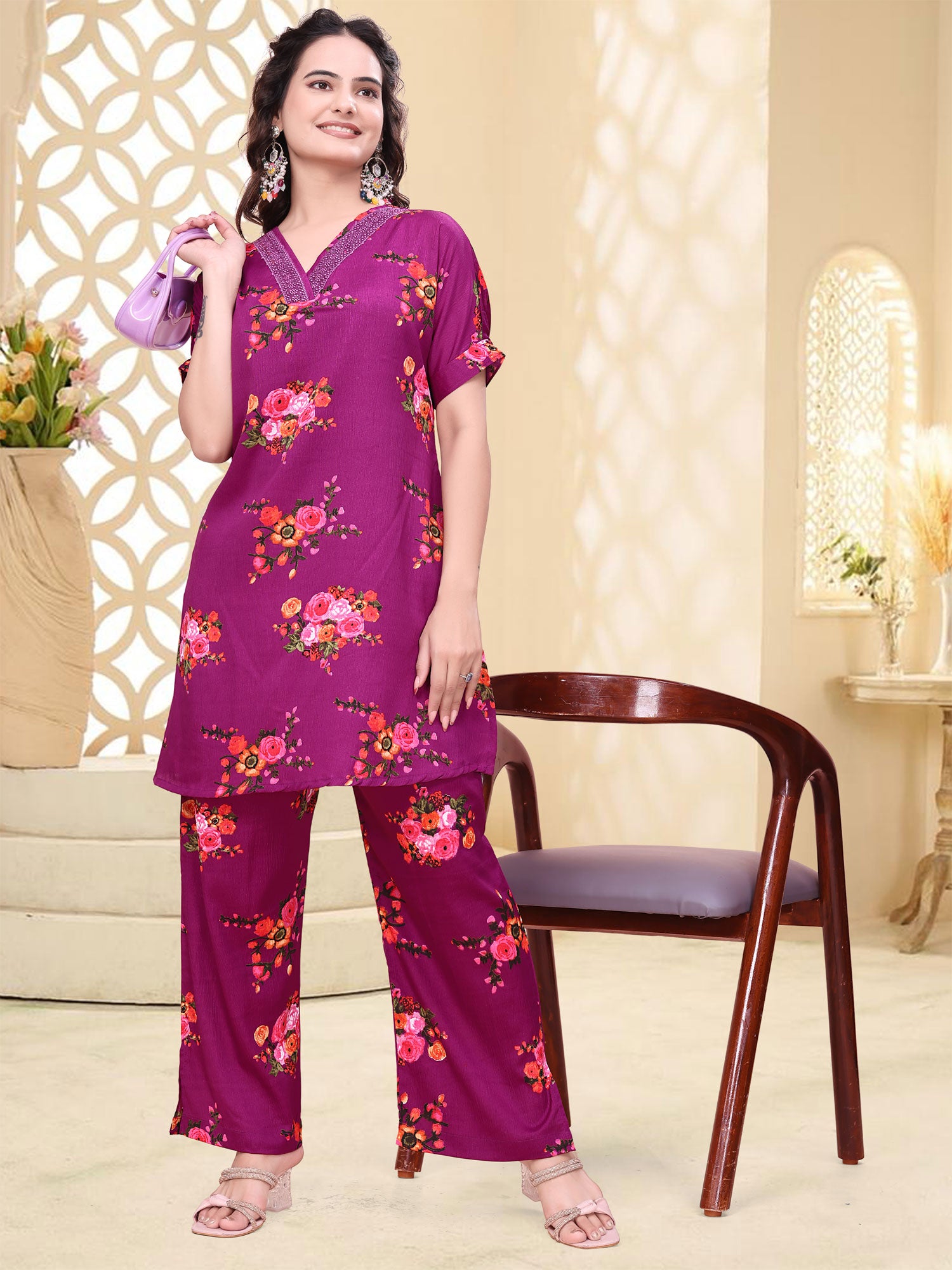 Purple Floral Printed Women's Co- Ord Set