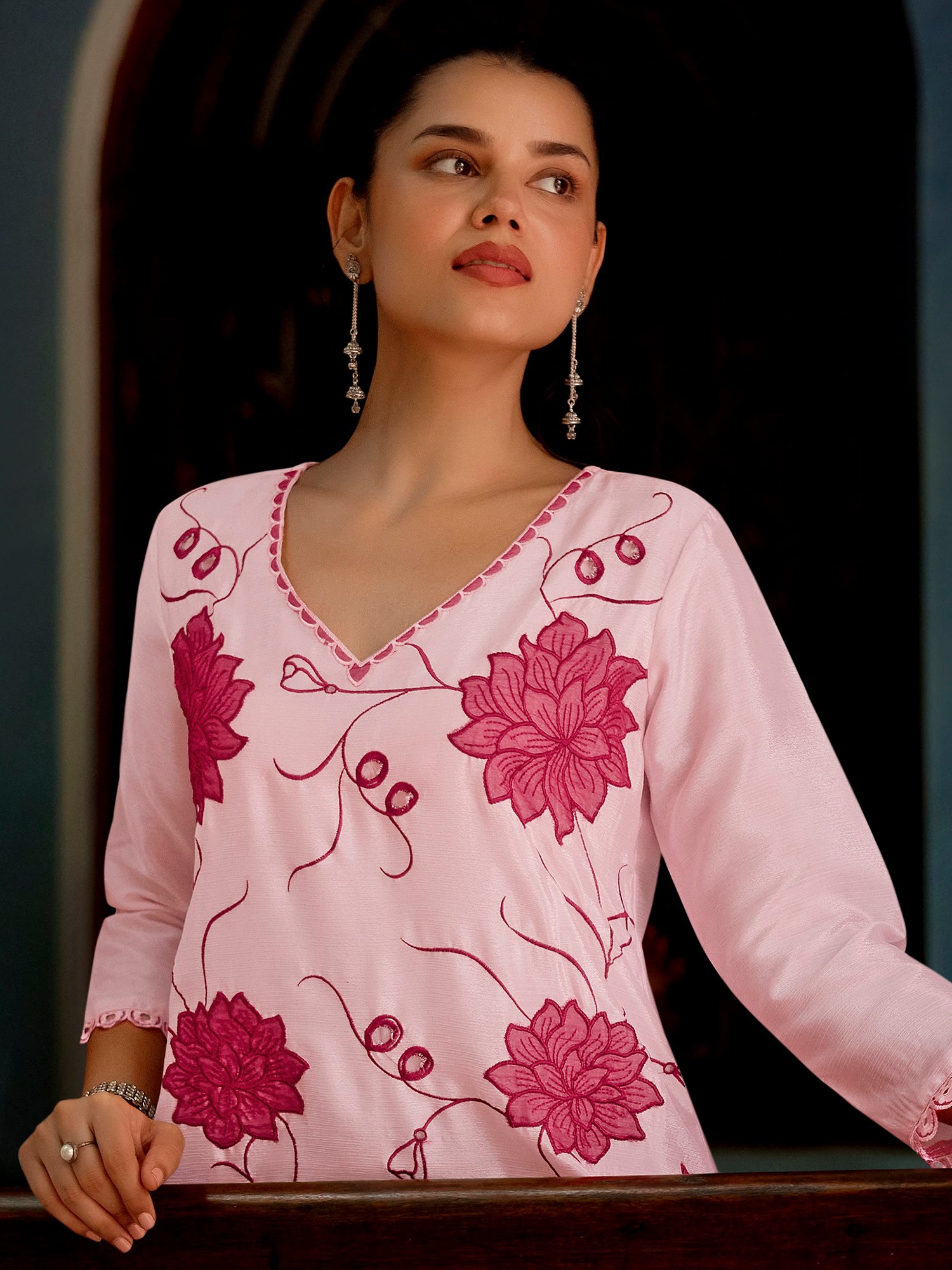 Pink Floral Thread Work Wome's Co- Ord Set