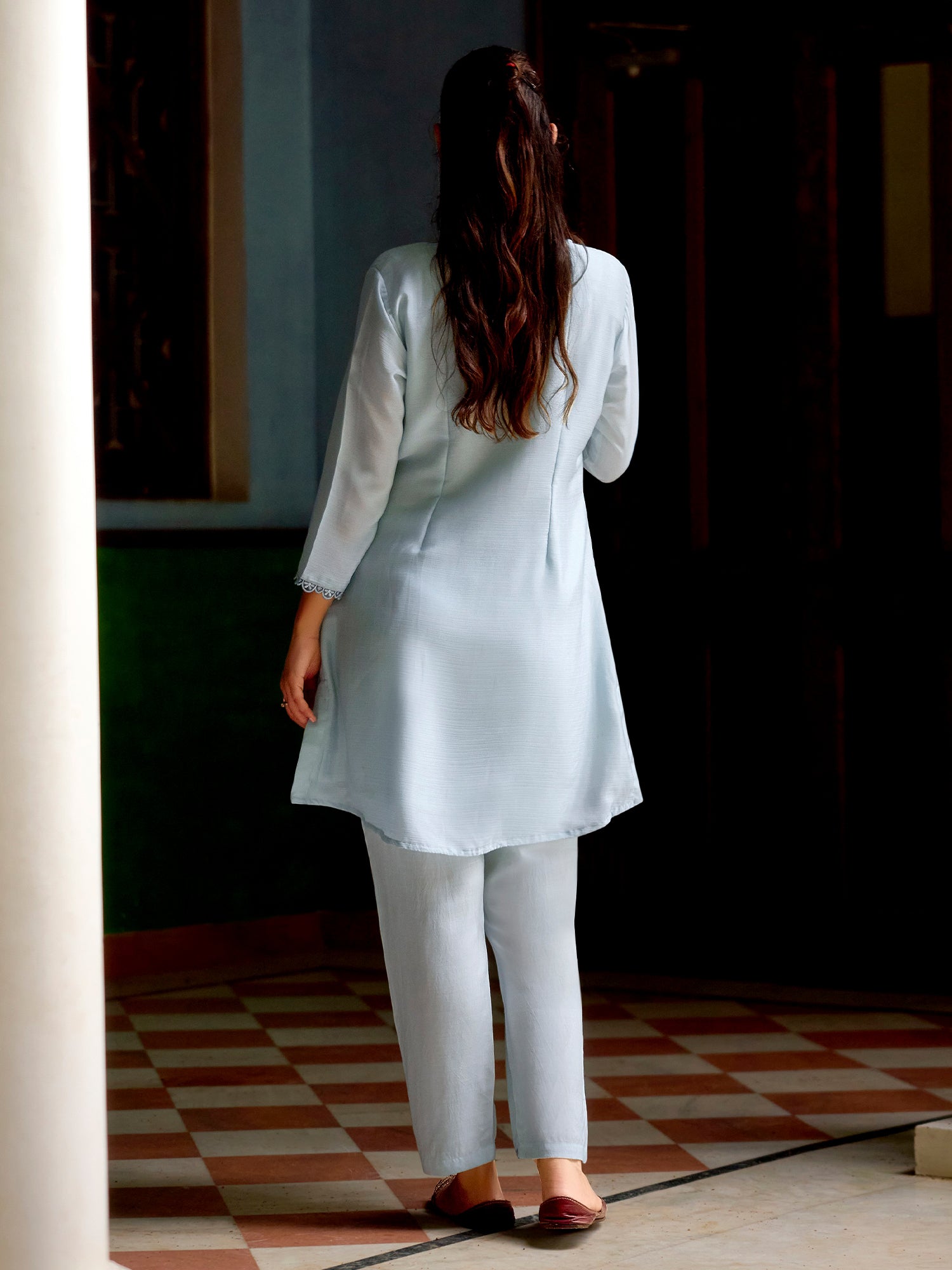 Light Blue Chinon Silk Party Co- Ord Set