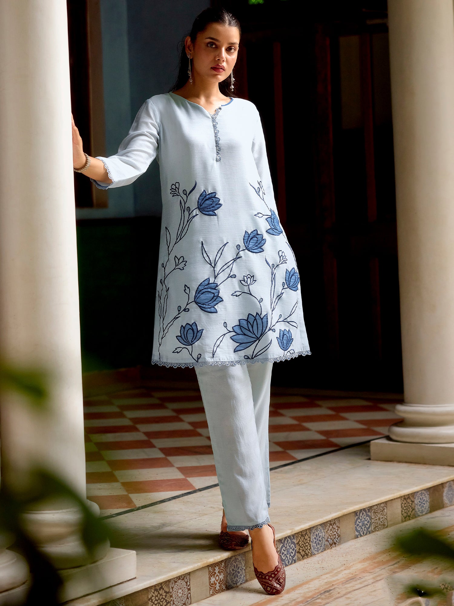 Light Blue Chinon Silk Party Co- Ord Set