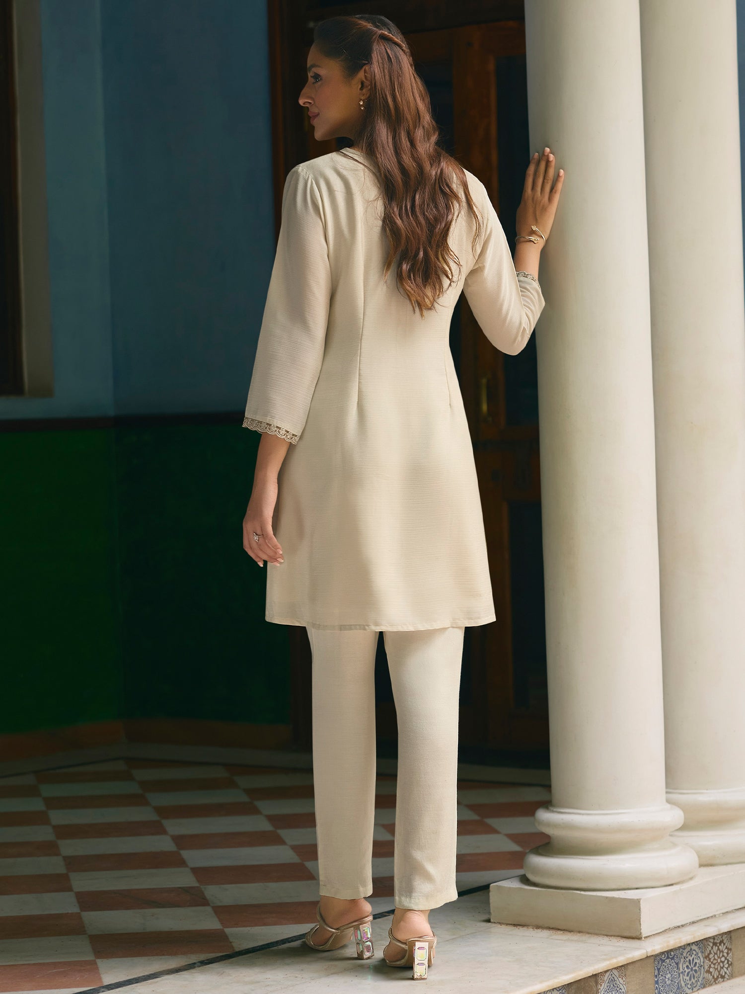 Cream Silk Women's Dress In Floral Work
