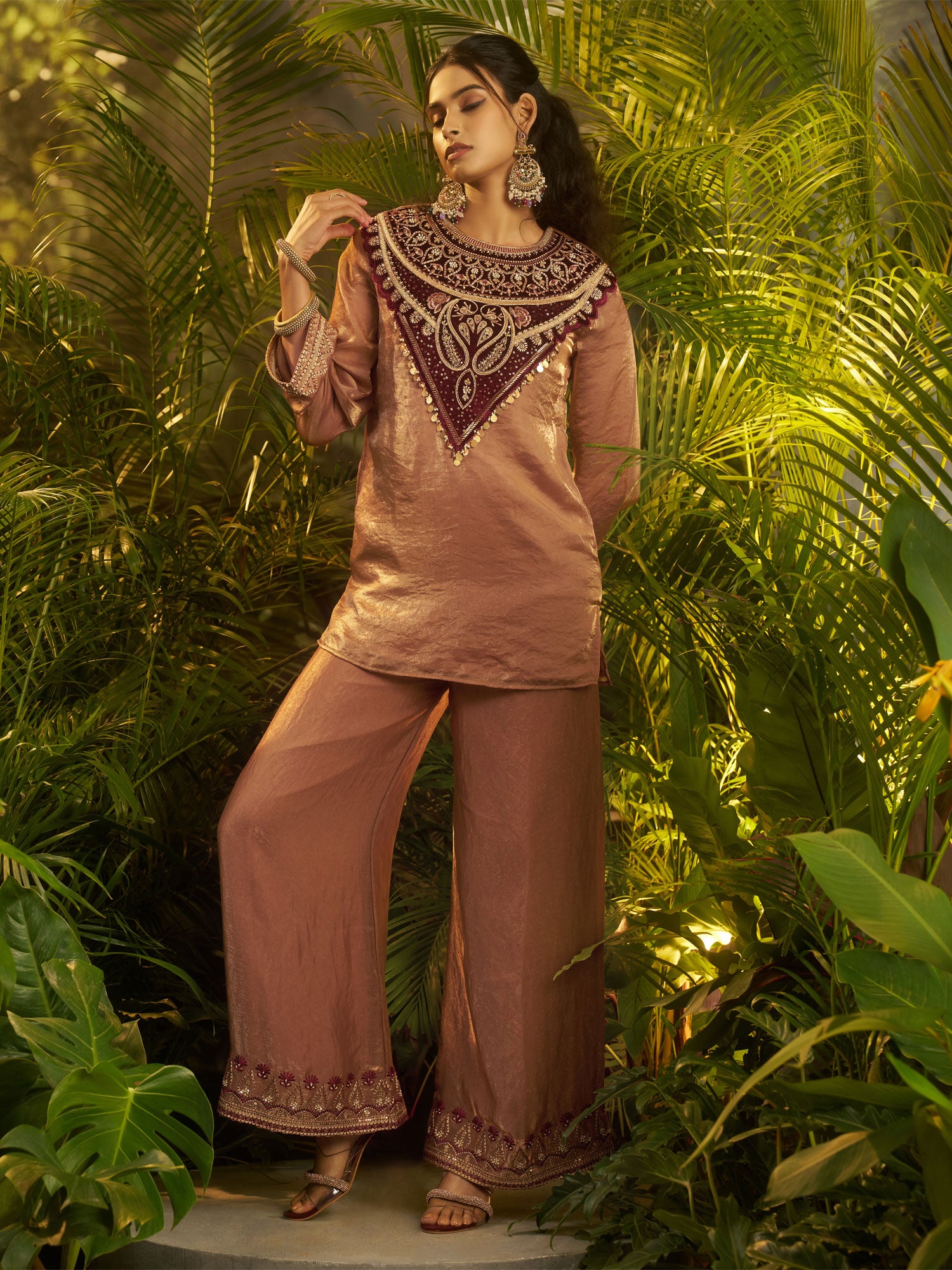 Brown Heavy Embroidered Co- Ord Set