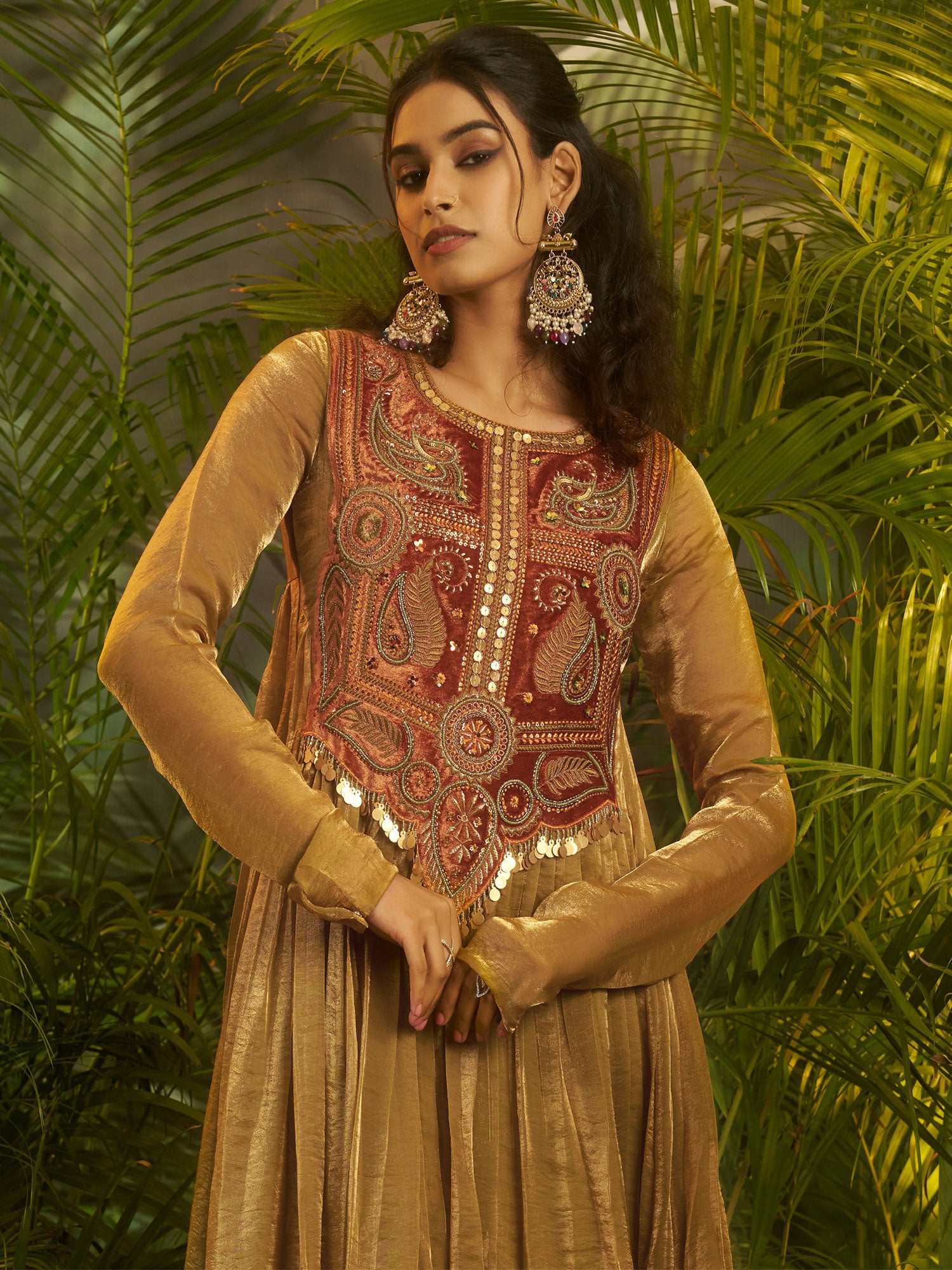 Brown Full Sleeved Gown In Hand Work