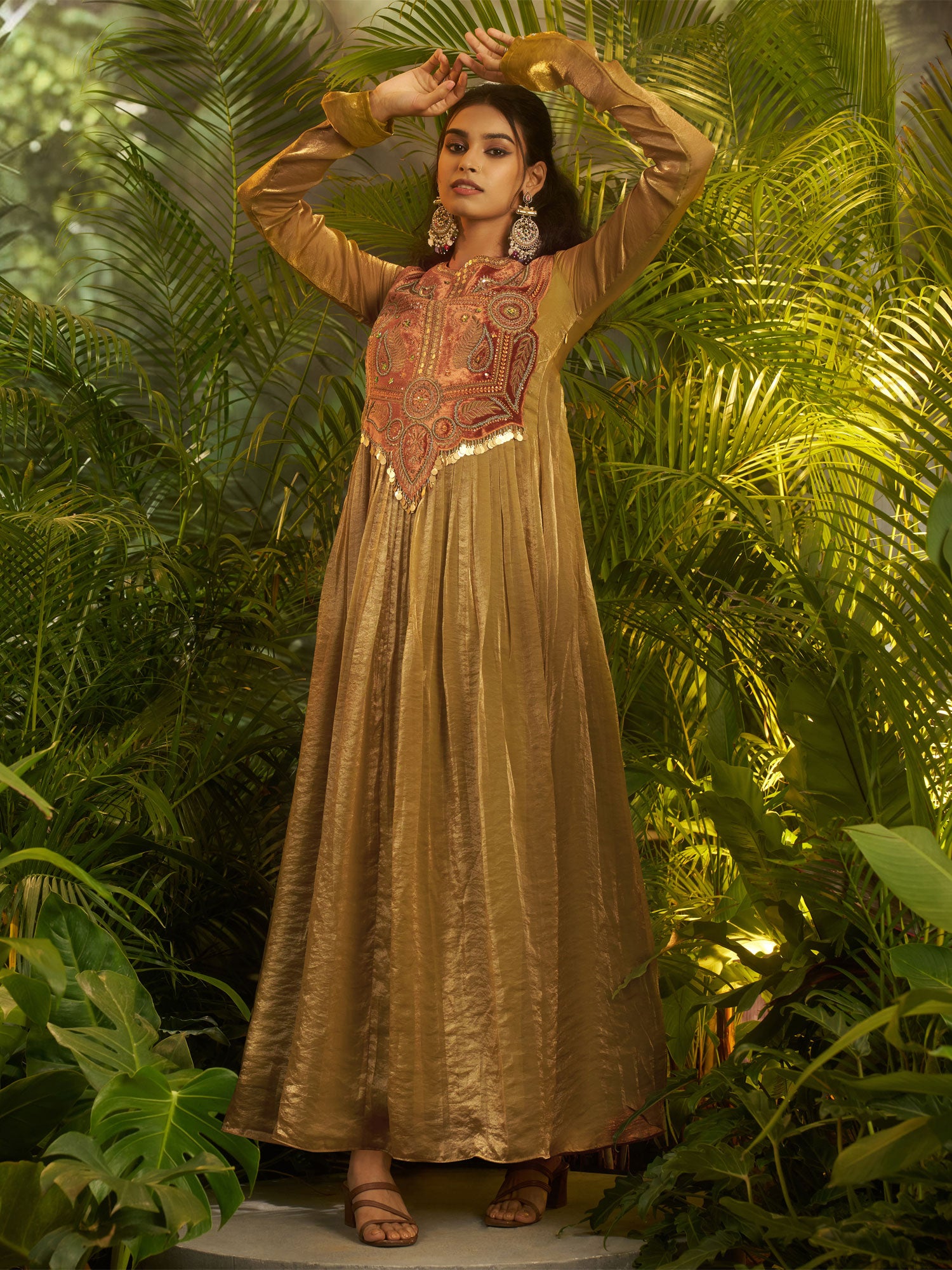 Brown Full Sleeved Gown In Hand Work