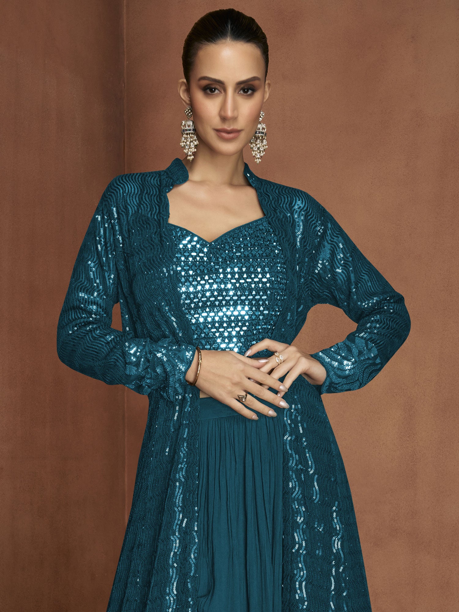 Green Embroidered Top And Palazzo With Shrug
