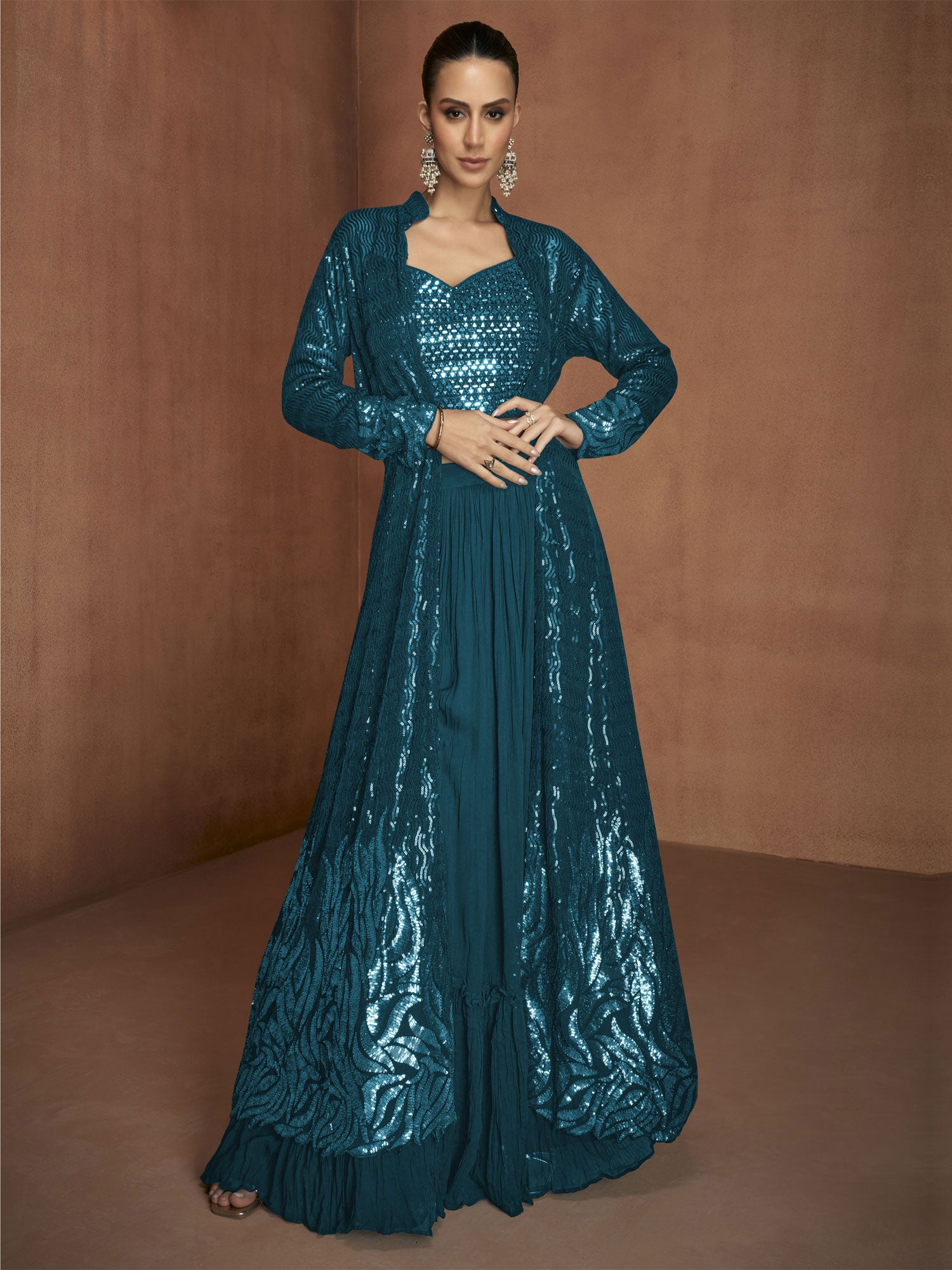 Green Embroidered Top And Palazzo With Shrug