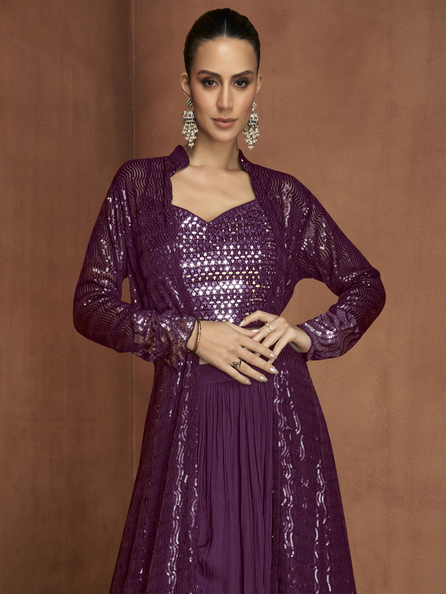 Wine Sequins Embellished Georgette Dress