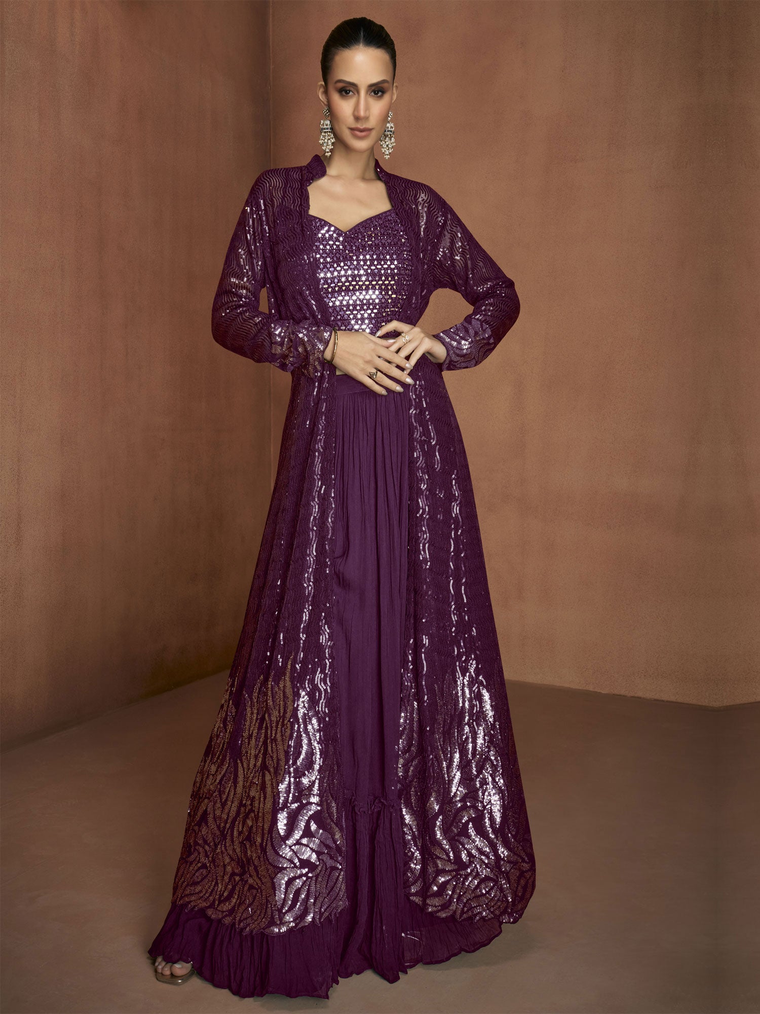 Wine Sequins Embellished Georgette Dress