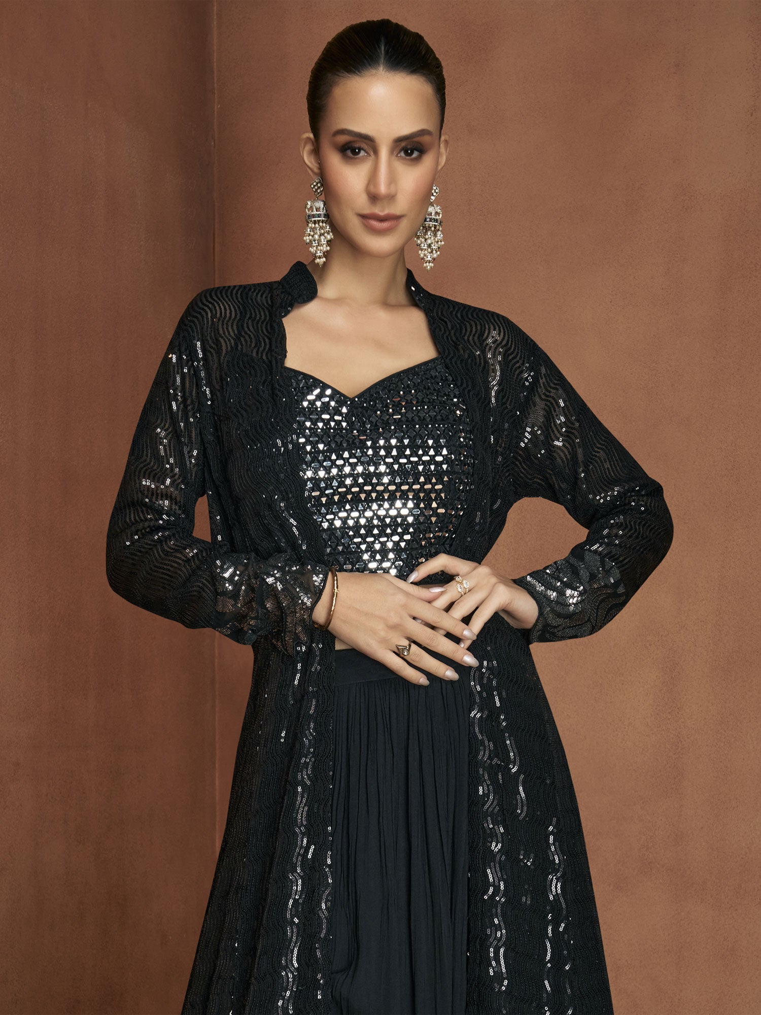 Black Georgette Dress With Embroidered Shrug