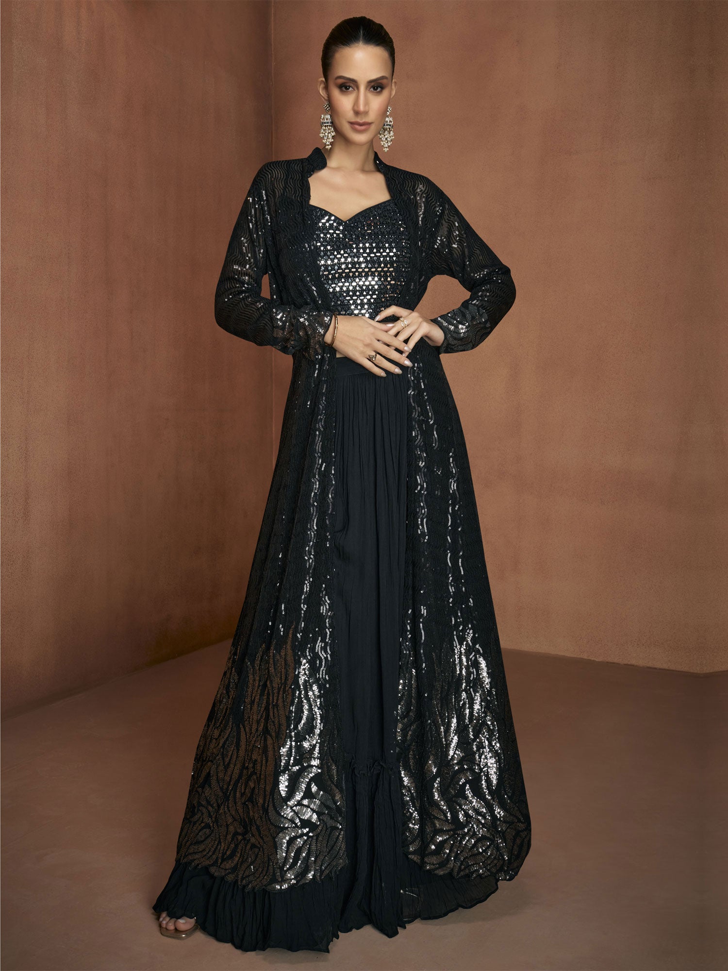 Black Georgette Dress With Embroidered Shrug