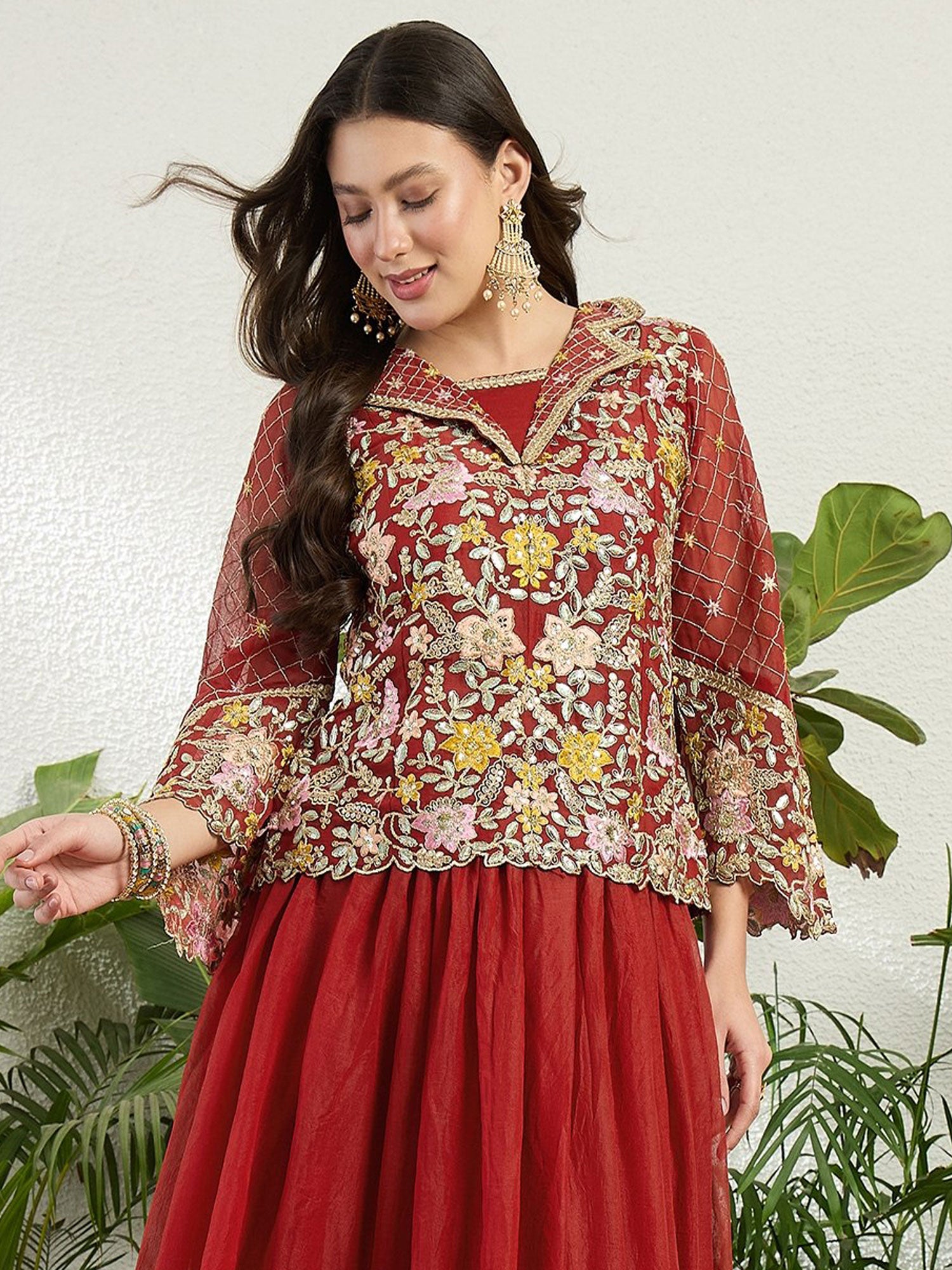 Red Heavy Embroidered Georgette Co- Ord Set