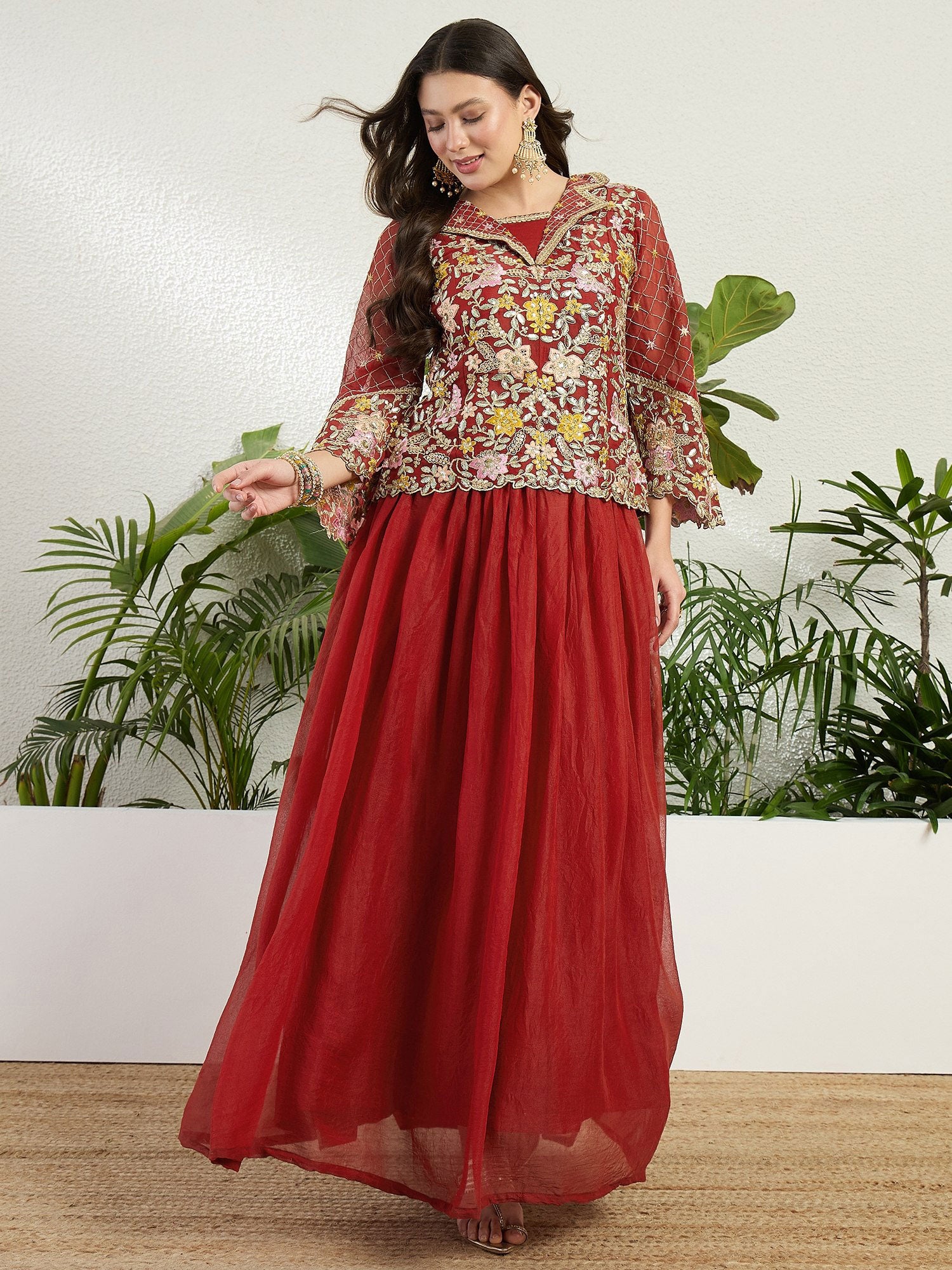 Red Heavy Embroidered Georgette Co- Ord Set