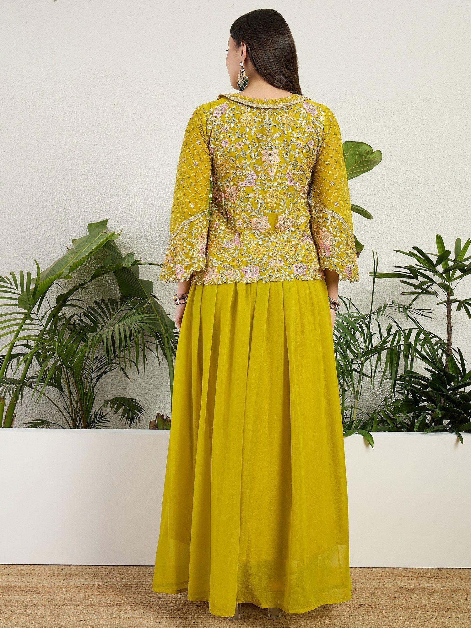 Yellow Georgette Dress In Thread Work