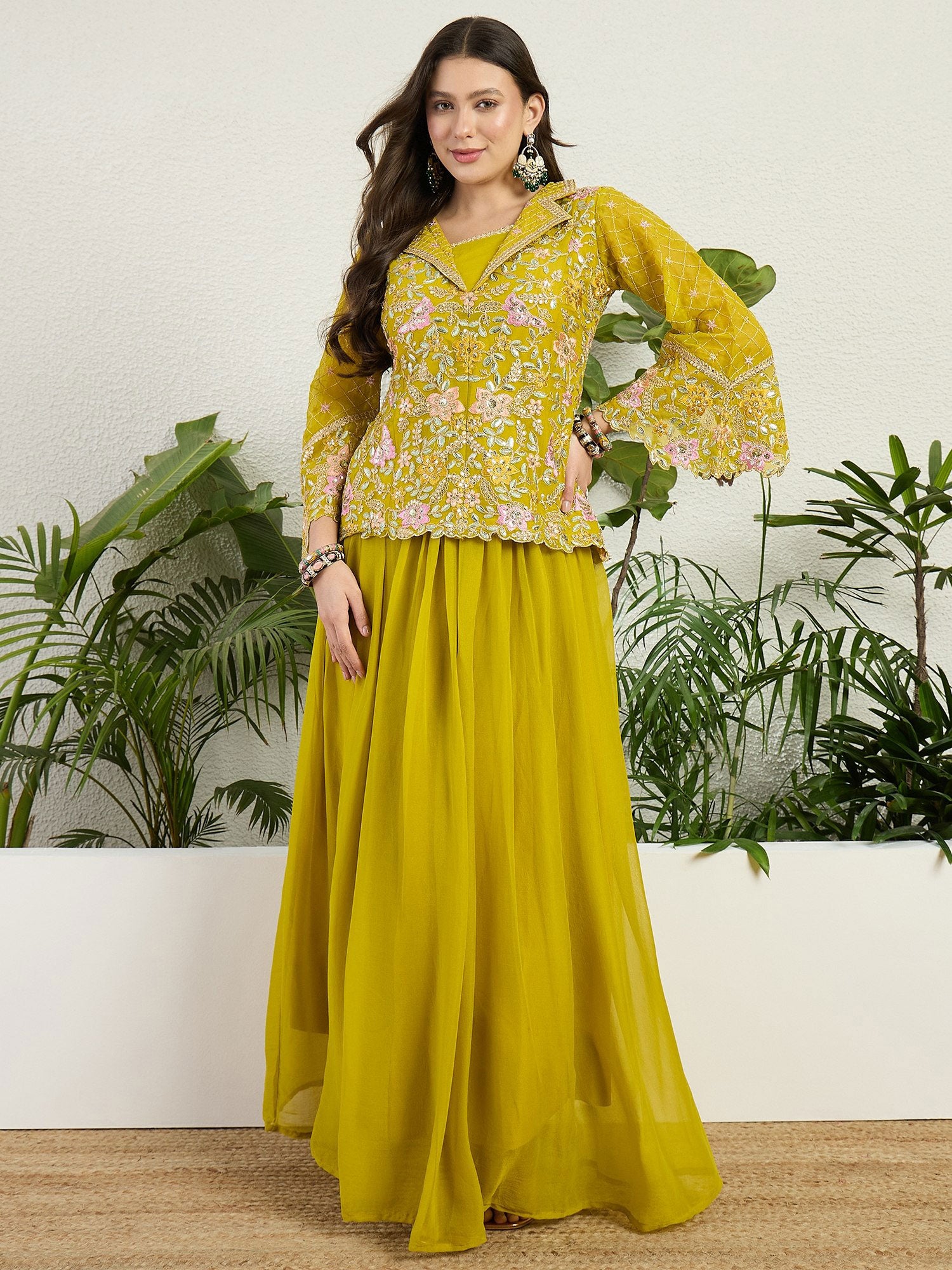 Yellow Georgette Dress In Thread Work