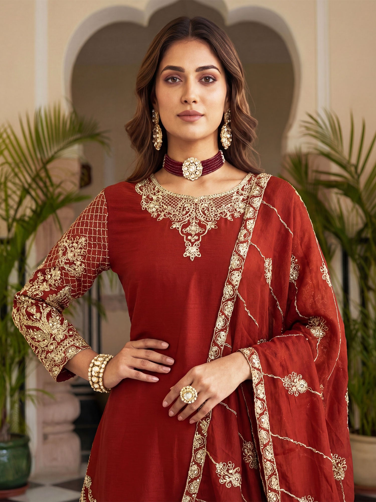 Dark Red Heavy Zari Embellished Palazzo Suit
