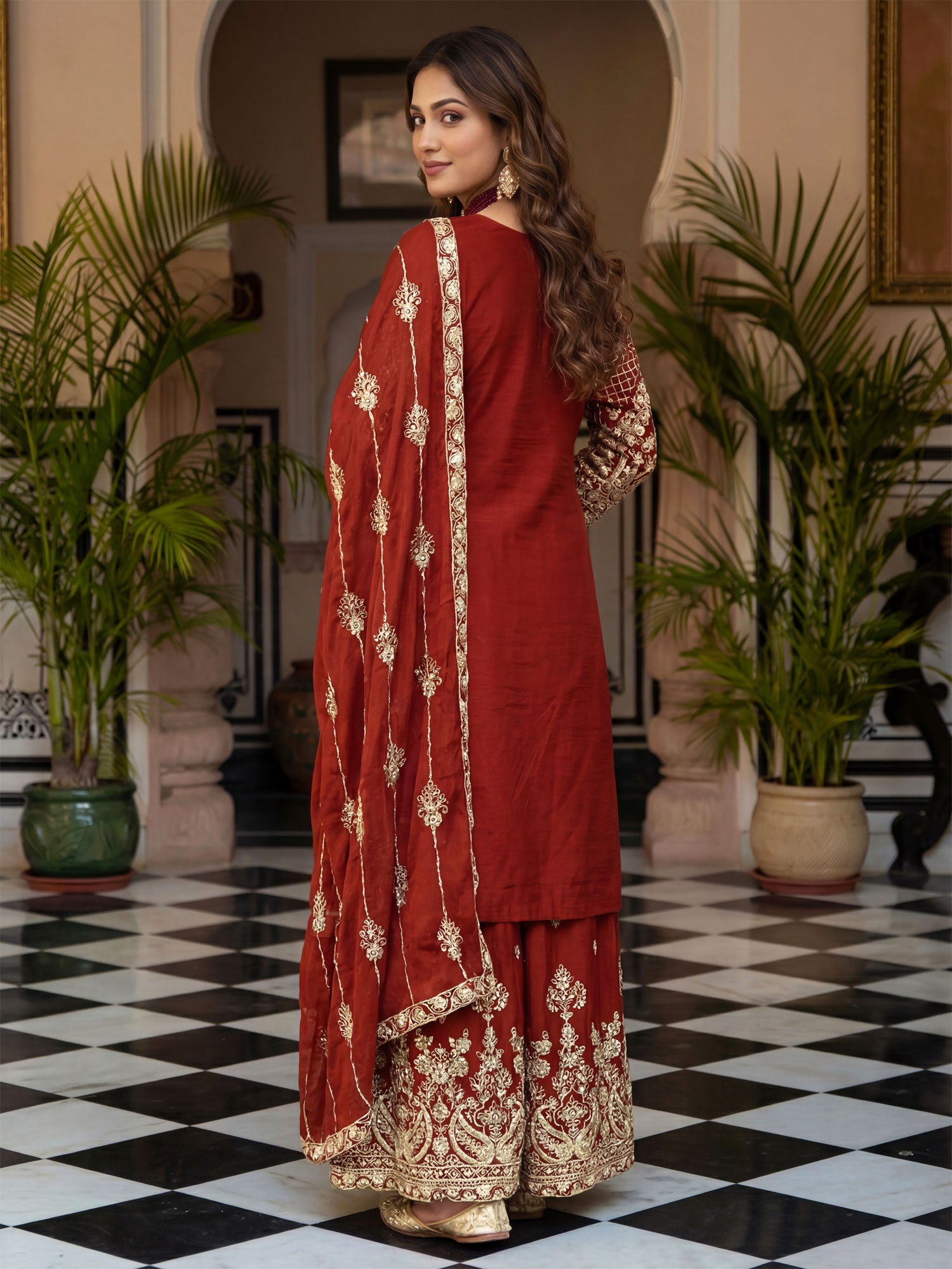 Dark Red Heavy Zari Embellished Palazzo Suit