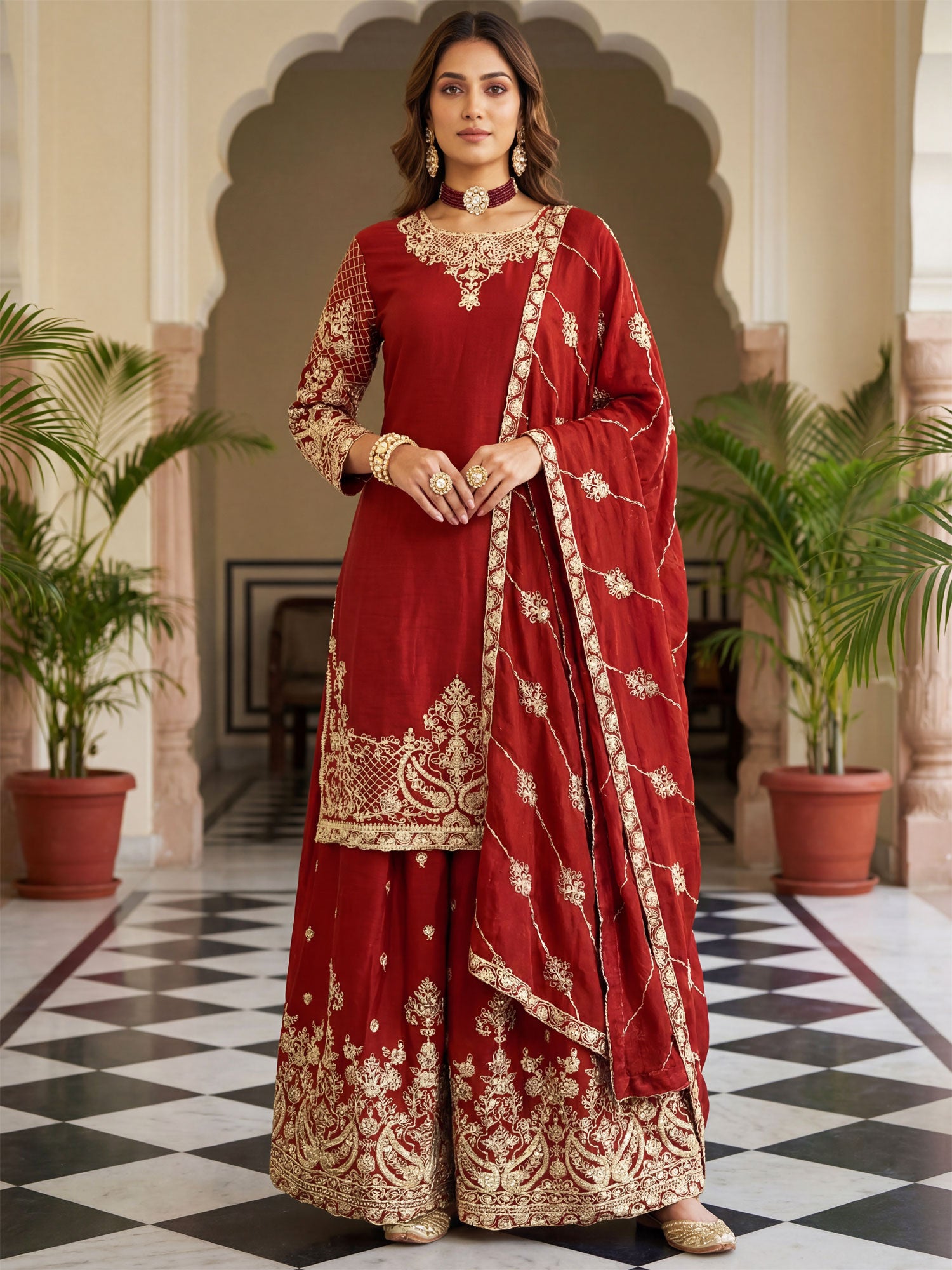 Dark Red Heavy Zari Embellished Palazzo Suit