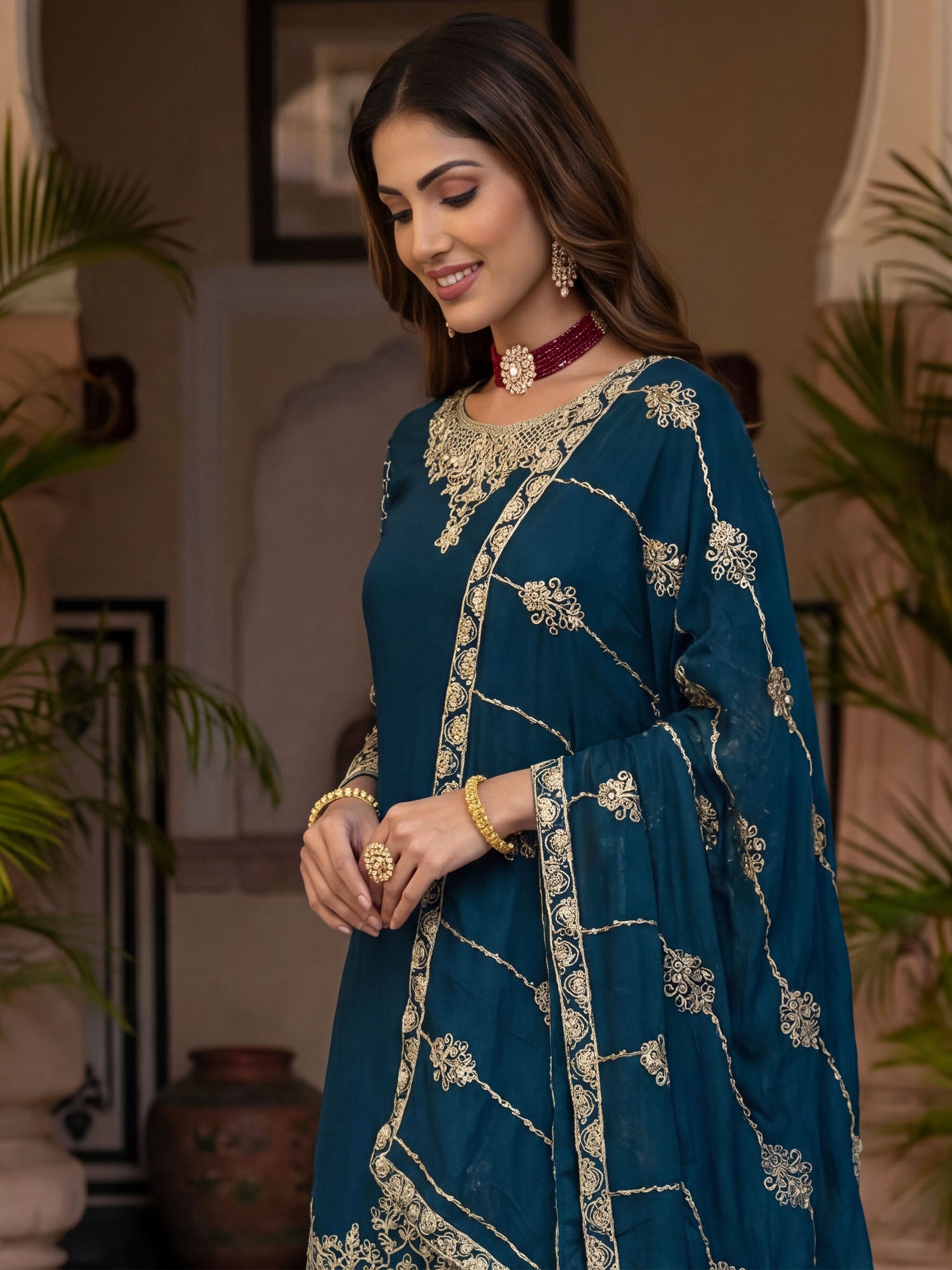 Blue Wedding Salwar Suit In Palazzo Style