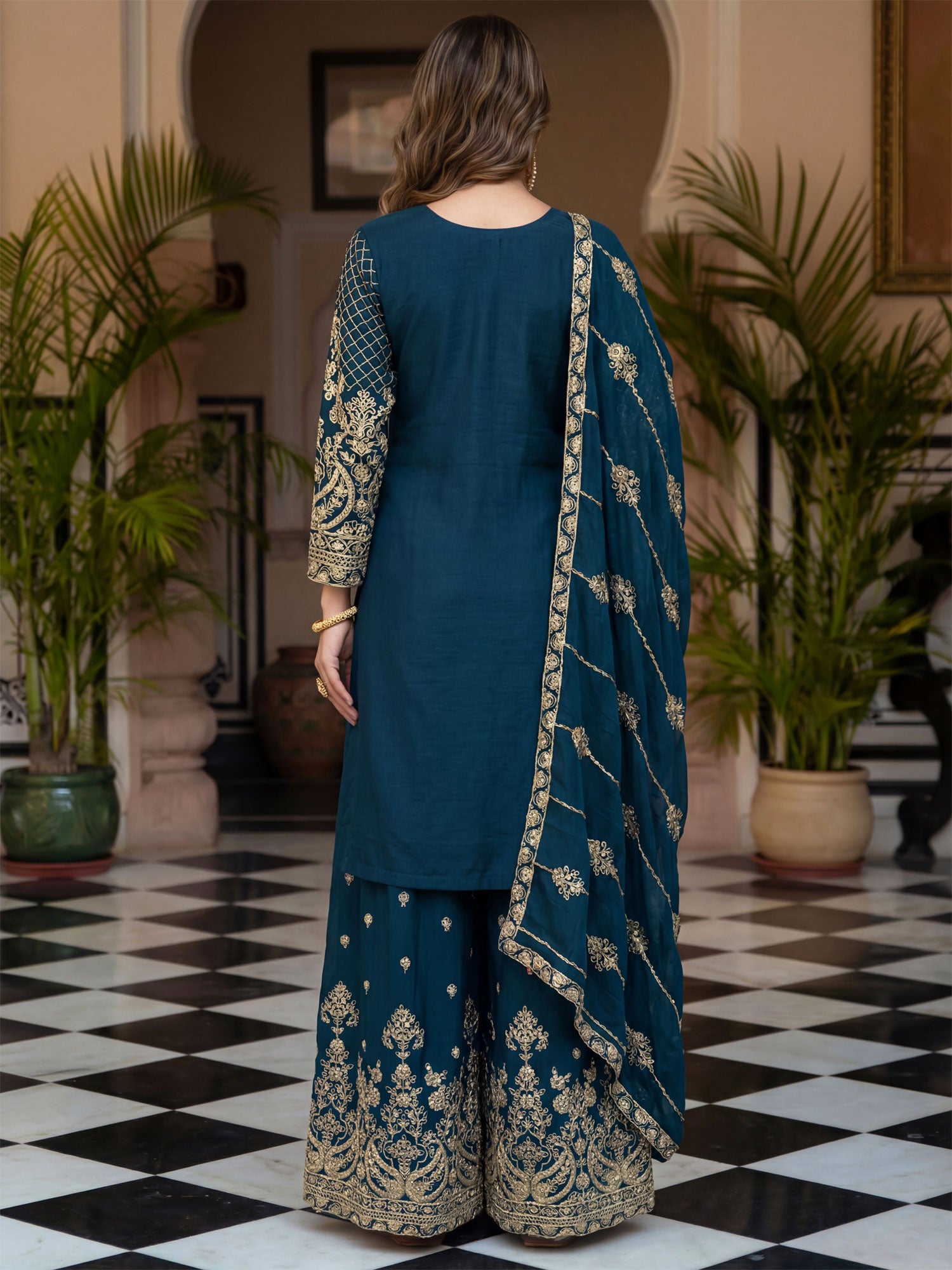 Blue Wedding Salwar Suit In Palazzo Style