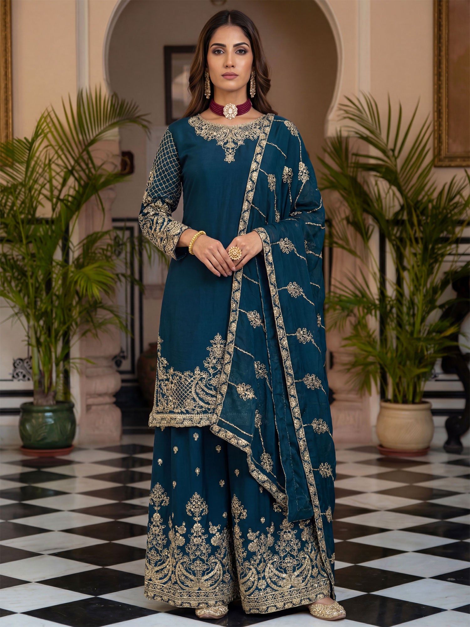 Blue Wedding Salwar Suit In Palazzo Style