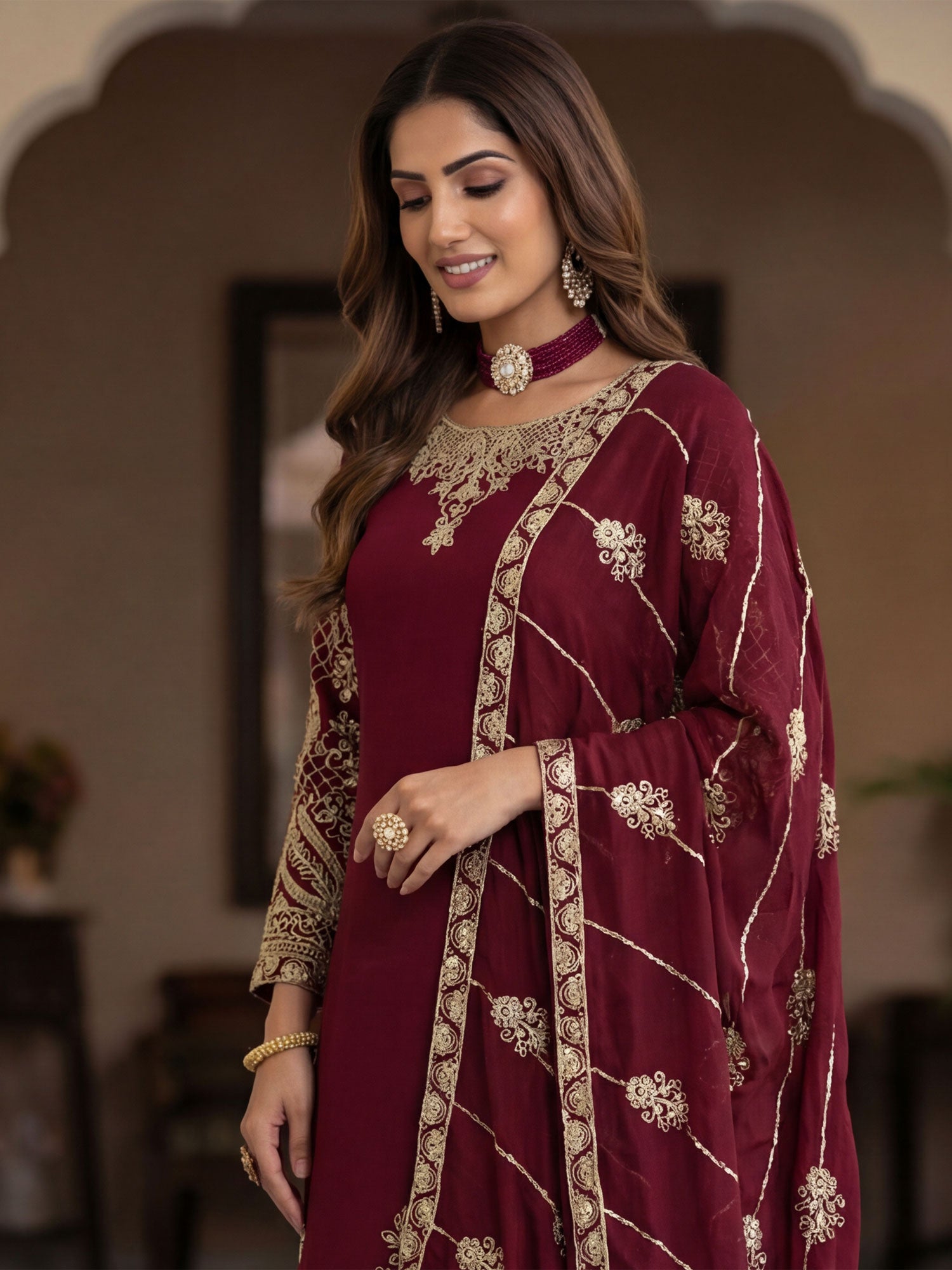 Maroon Full Sleeved Embroidered Salwar Suit